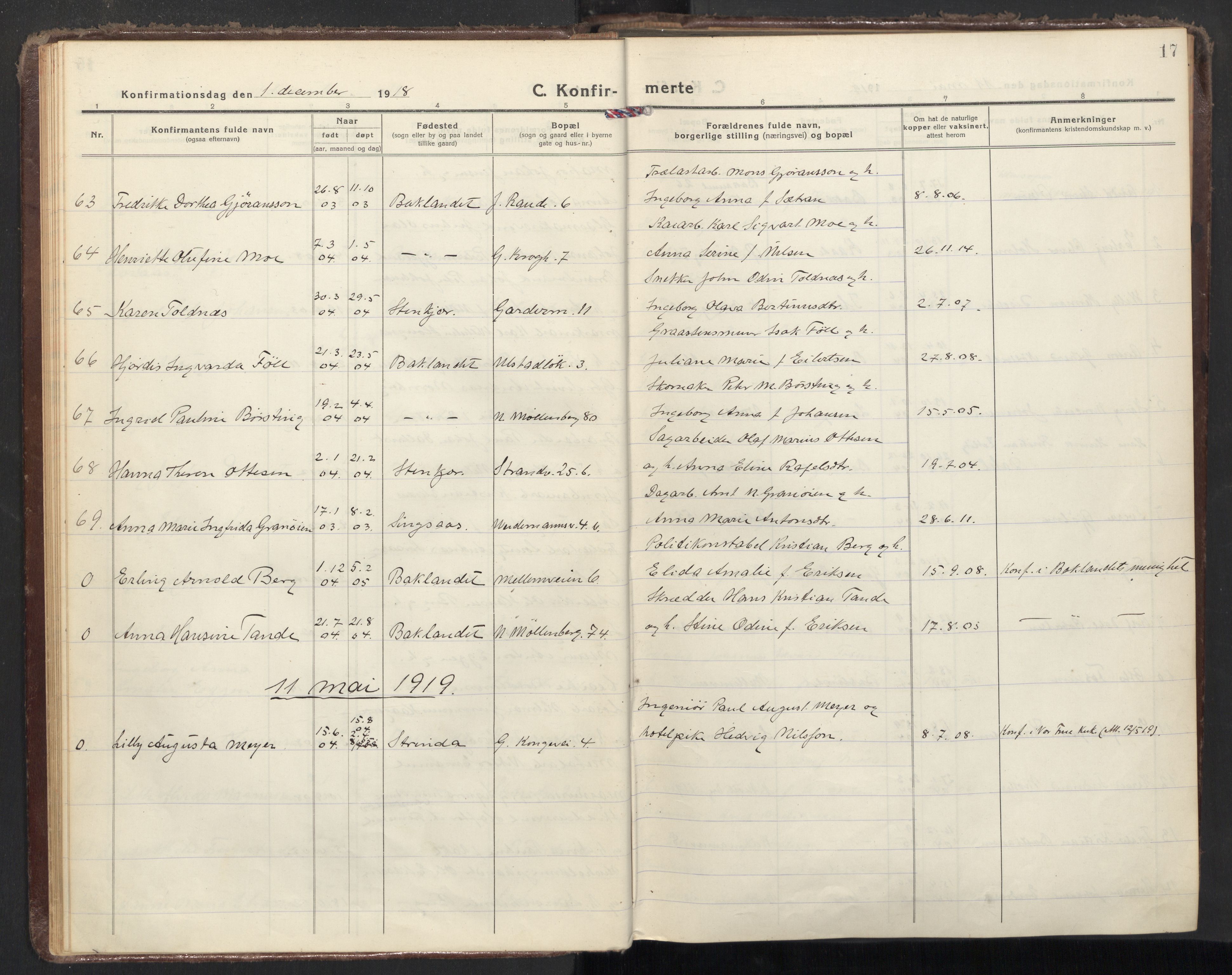 Ministerialprotokoller, klokkerbøker og fødselsregistre - Sør-Trøndelag, AV/SAT-A-1456/605/L0247: Parish register (official) no. 605A09, 1918-1930, p. 17