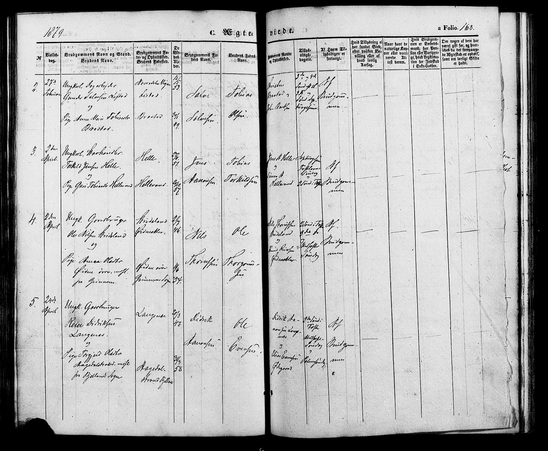 Nord-Audnedal sokneprestkontor, AV/SAK-1111-0032/F/Fa/Faa/L0002: Parish register (official) no. A 2, 1857-1882, p. 168