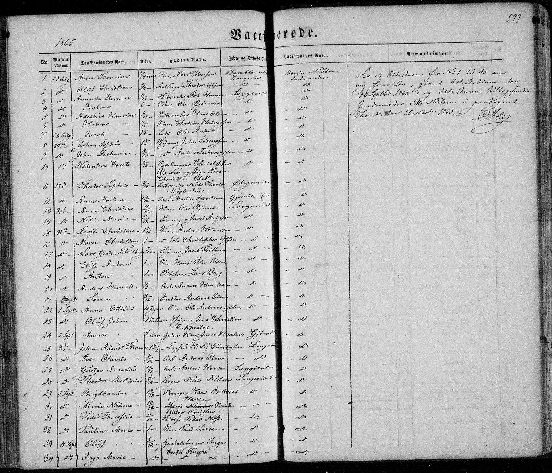 Bamble kirkebøker, SAKO/A-253/F/Fa/L0005: Parish register (official) no. I 5, 1854-1869, p. 599