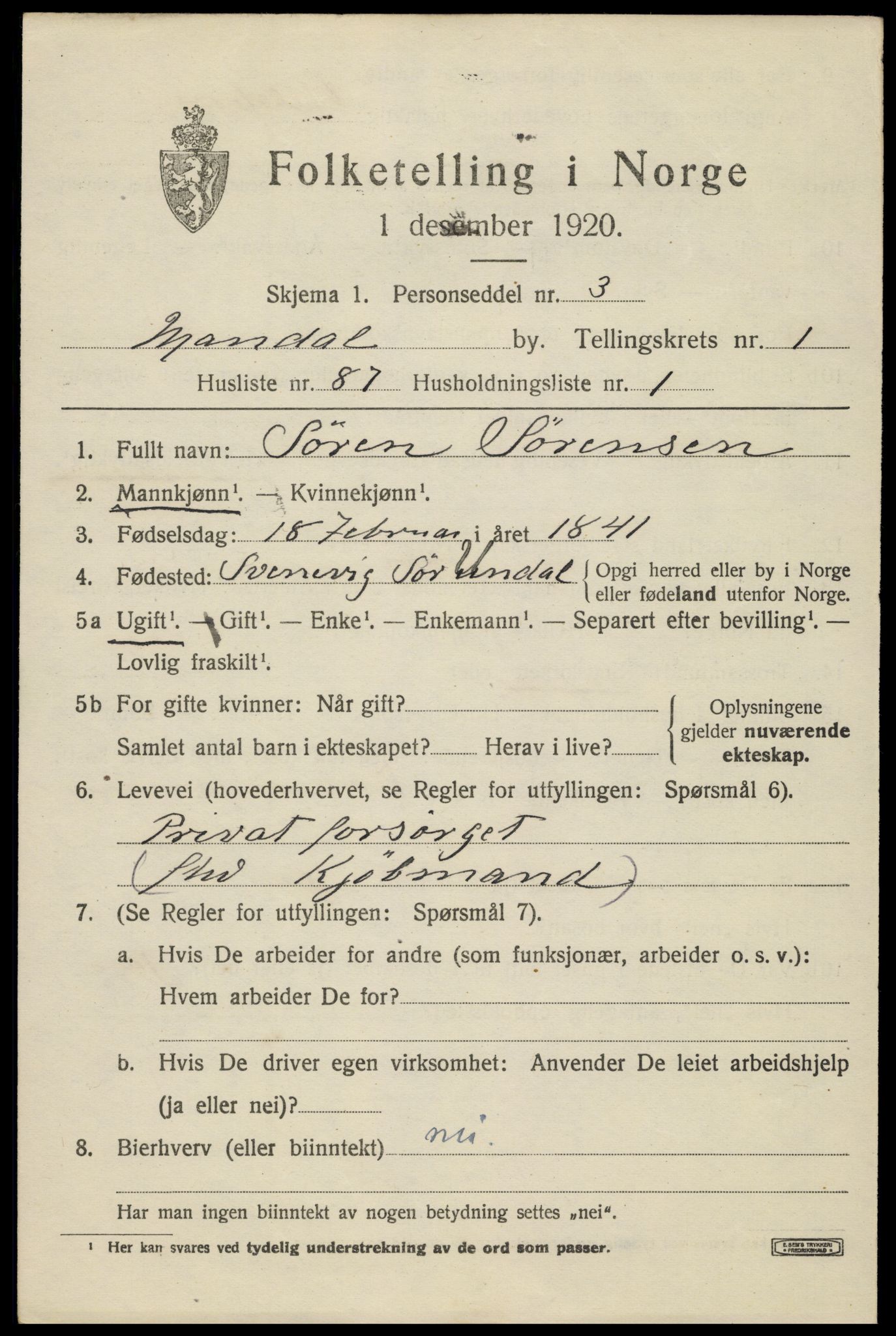SAK, 1920 census for Mandal, 1920, p. 4153