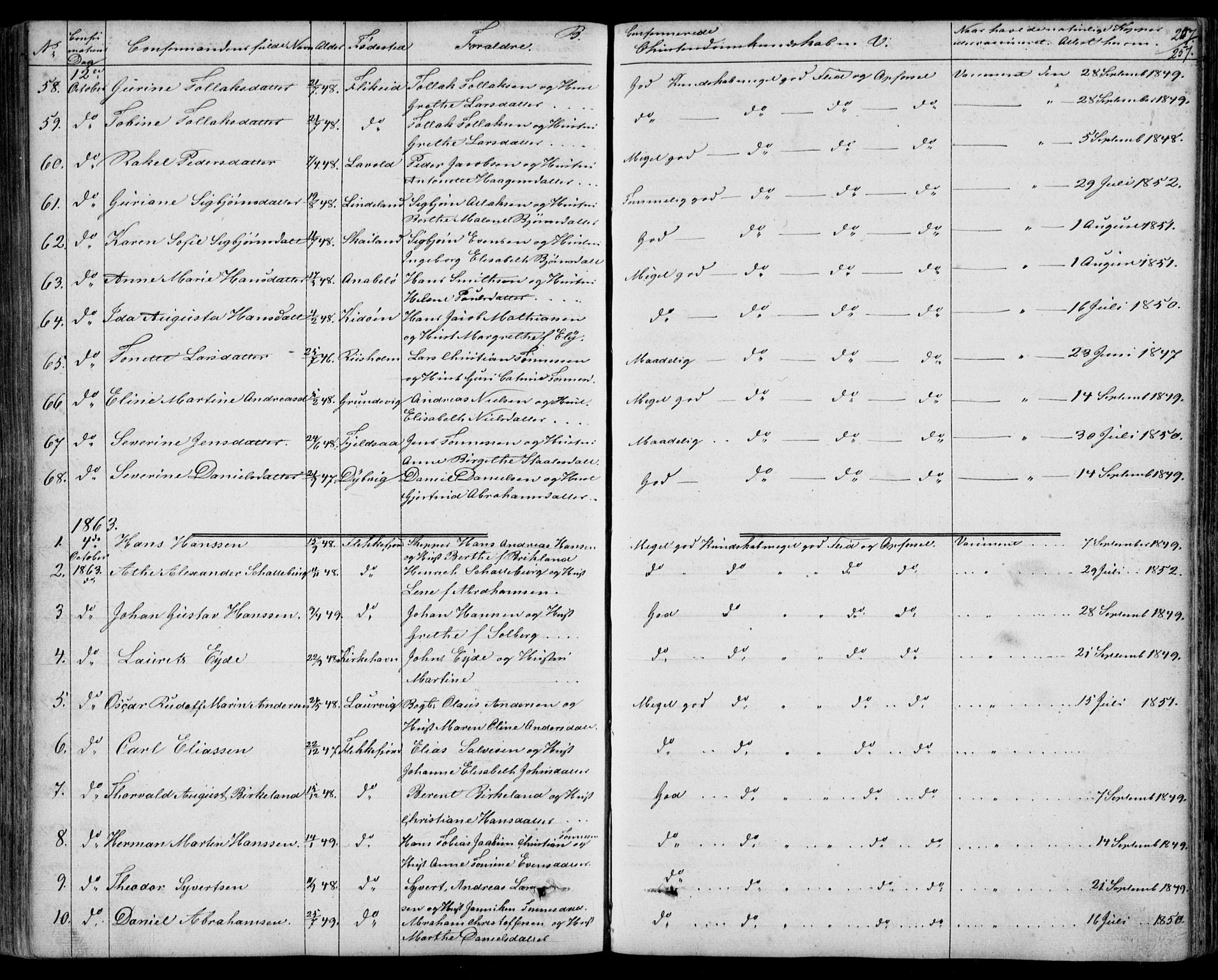 Flekkefjord sokneprestkontor, SAK/1111-0012/F/Fb/Fbc/L0005: Parish register (copy) no. B 5, 1846-1866, p. 257