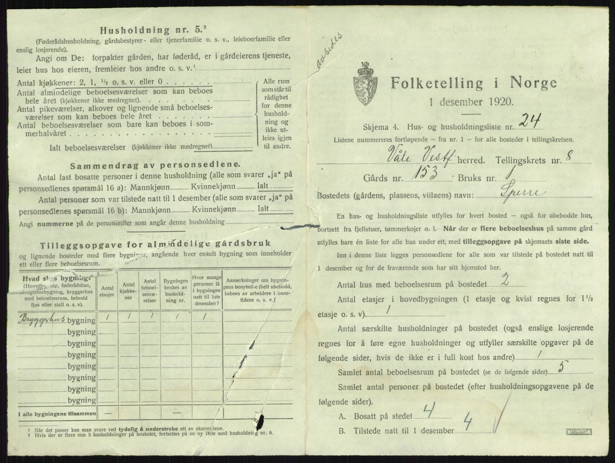 SAKO, 1920 census for Våle, 1920, p. 1020