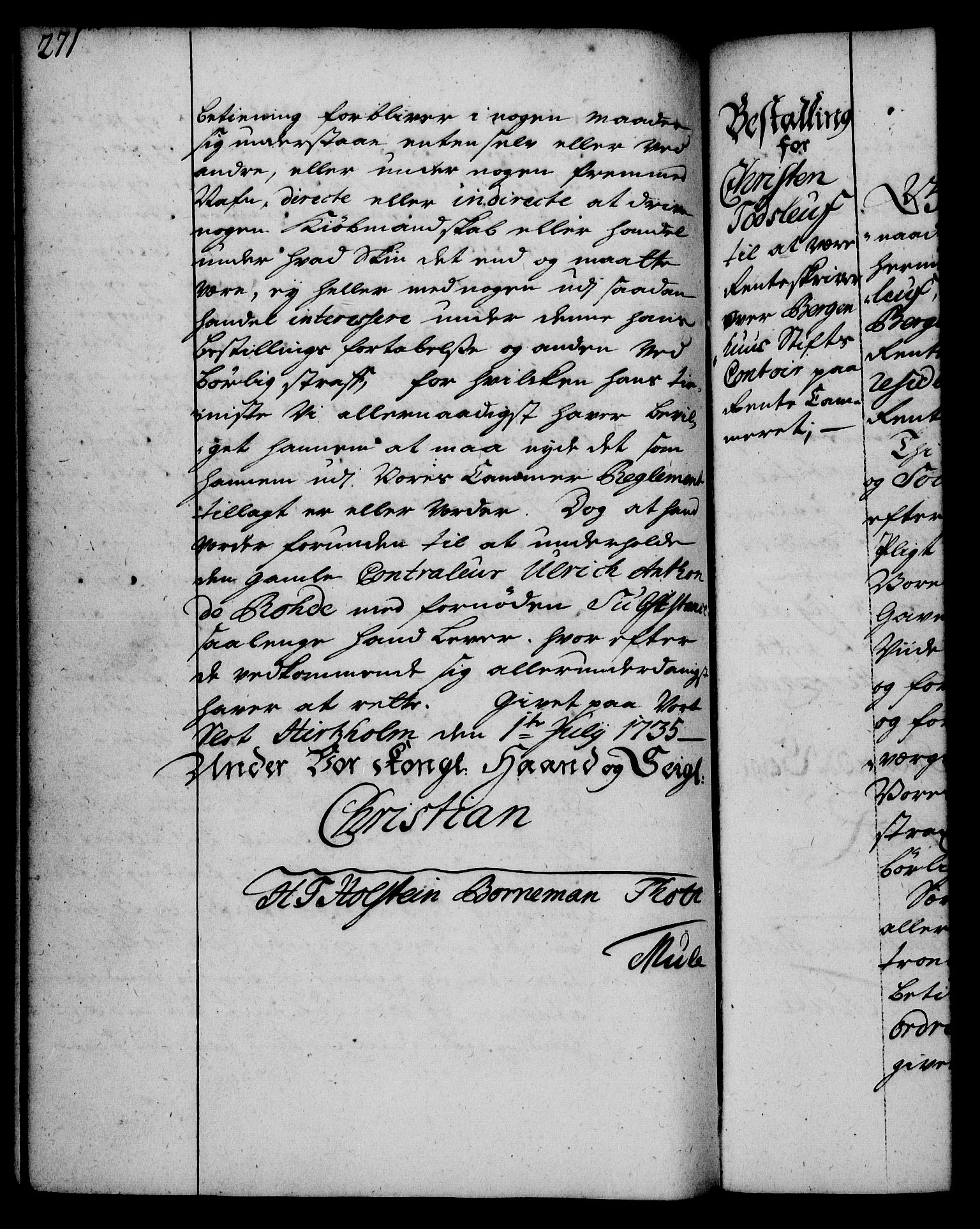 Rentekammeret, Kammerkanselliet, RA/EA-3111/G/Gg/Gge/L0002: Norsk bestallingsprotokoll med register (merket RK 53.26), 1730-1744, p. 271