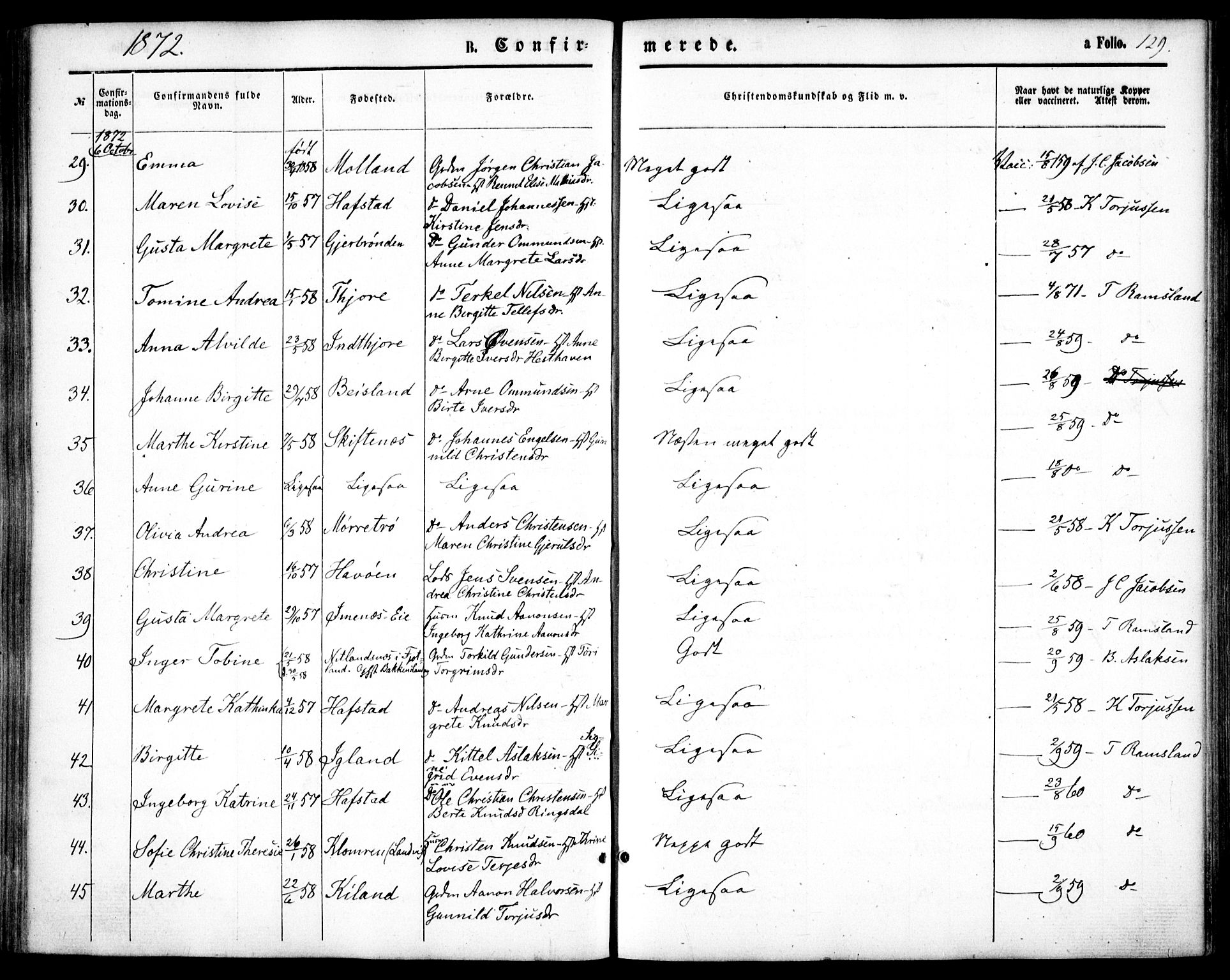 Hommedal sokneprestkontor, SAK/1111-0023/F/Fa/Fab/L0005: Parish register (official) no. A 5, 1861-1877, p. 129