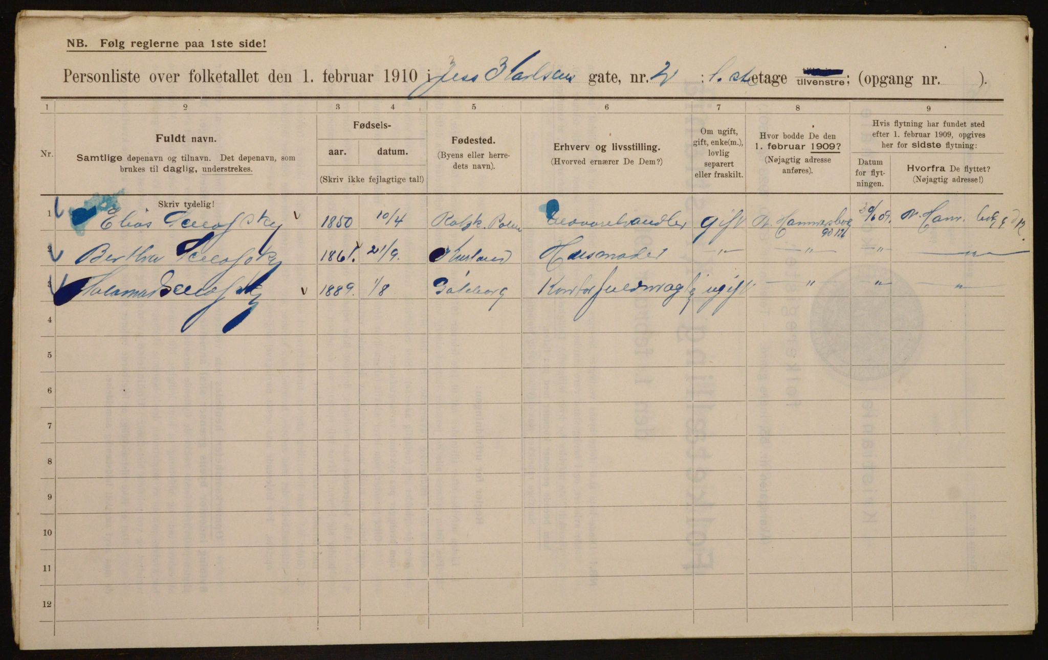 OBA, Municipal Census 1910 for Kristiania, 1910, p. 45650