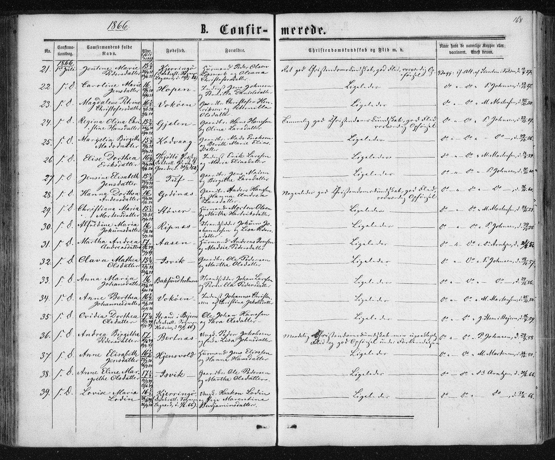 Ministerialprotokoller, klokkerbøker og fødselsregistre - Nordland, AV/SAT-A-1459/801/L0008: Parish register (official) no. 801A08, 1864-1875, p. 168