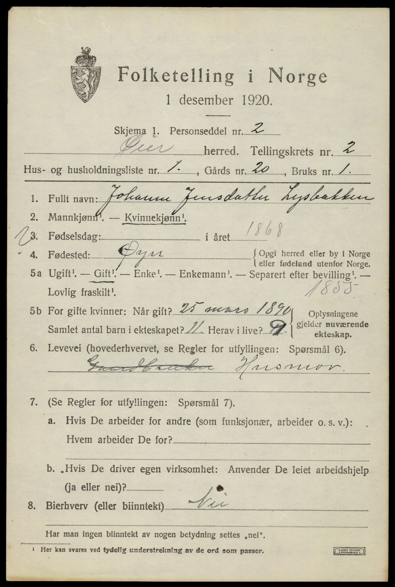 SAH, 1920 census for Øyer, 1920, p. 2131