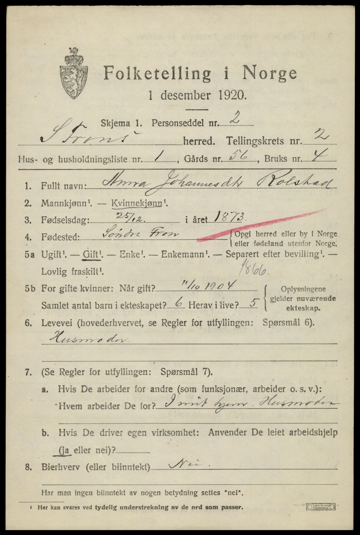 SAH, 1920 census for Sør-Fron, 1920, p. 1919