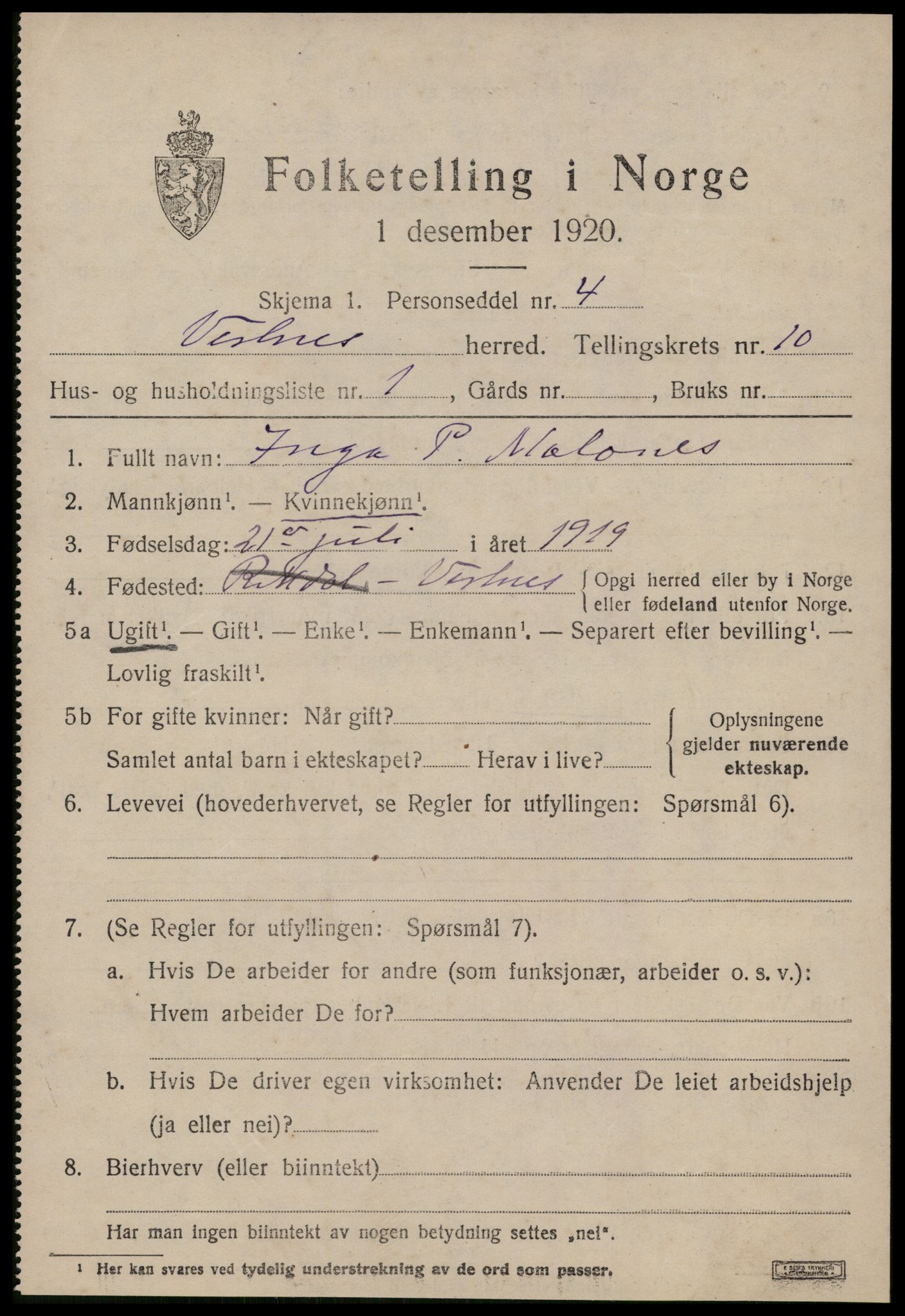 SAT, 1920 census for Vestnes, 1920, p. 6497