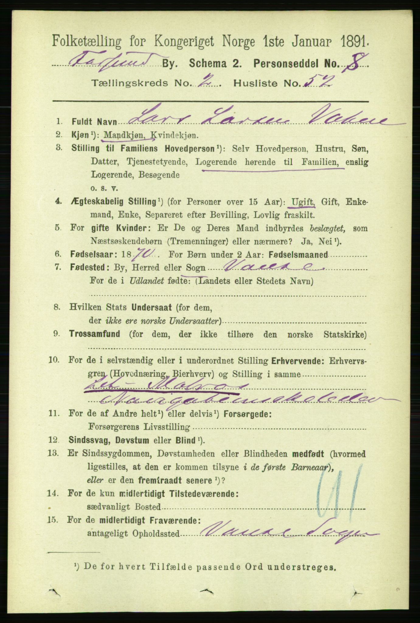 RA, 1891 census for 1003 Farsund, 1891, p. 1289