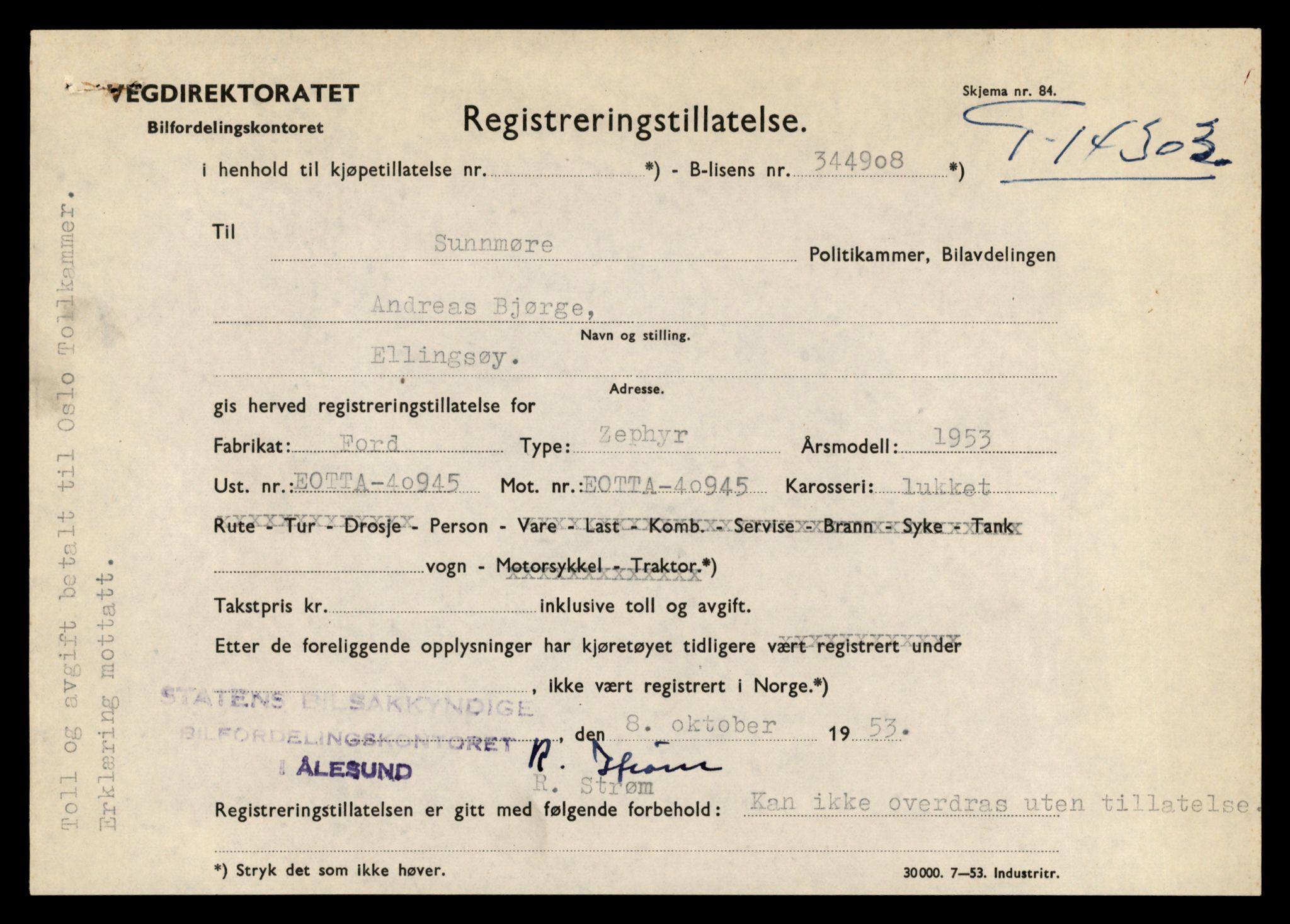 Møre og Romsdal vegkontor - Ålesund trafikkstasjon, AV/SAT-A-4099/F/Fe/L0044: Registreringskort for kjøretøy T 14205 - T 14319, 1927-1998, p. 2841