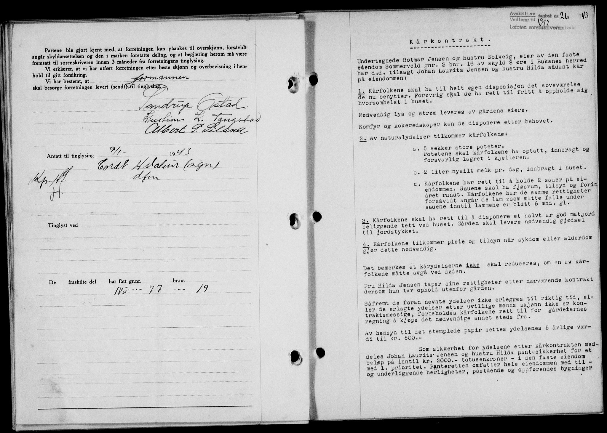Lofoten sorenskriveri, SAT/A-0017/1/2/2C/L0010a: Mortgage book no. 10a, 1942-1943, Diary no: : 26/1943