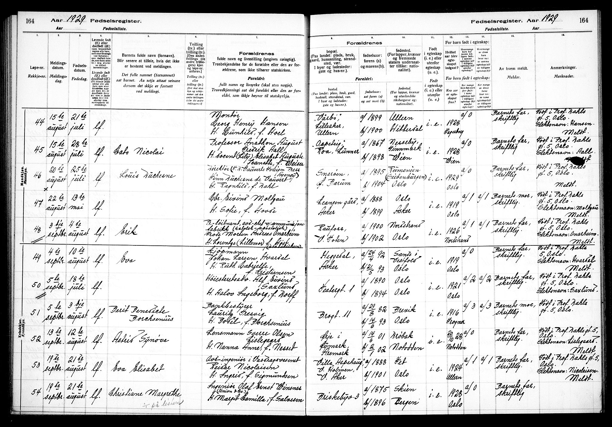 Uranienborg prestekontor Kirkebøker, AV/SAO-A-10877/J/Ja/L0001: Birth register no. 1, 1916-1930, p. 164