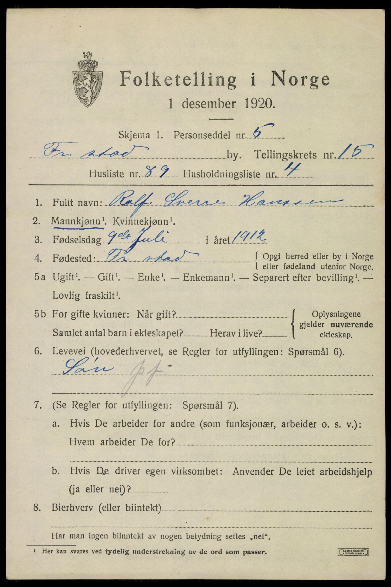 SAO, 1920 census for Fredrikstad, 1920, p. 37041