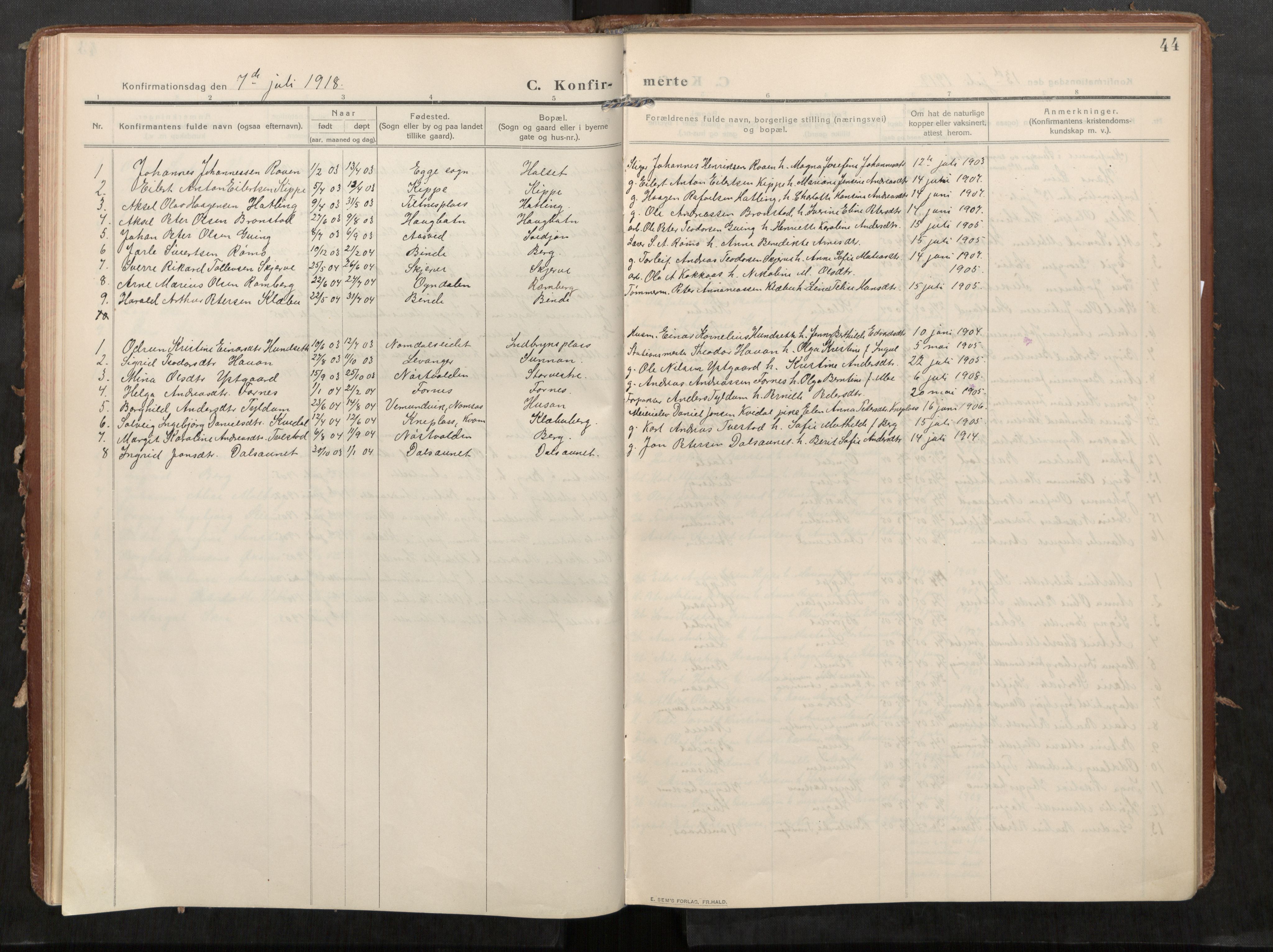 Stod sokneprestkontor, SAT/A-1164/1/I/I1/I1a/L0002: Parish register (official) no. 2, 1909-1922, p. 44