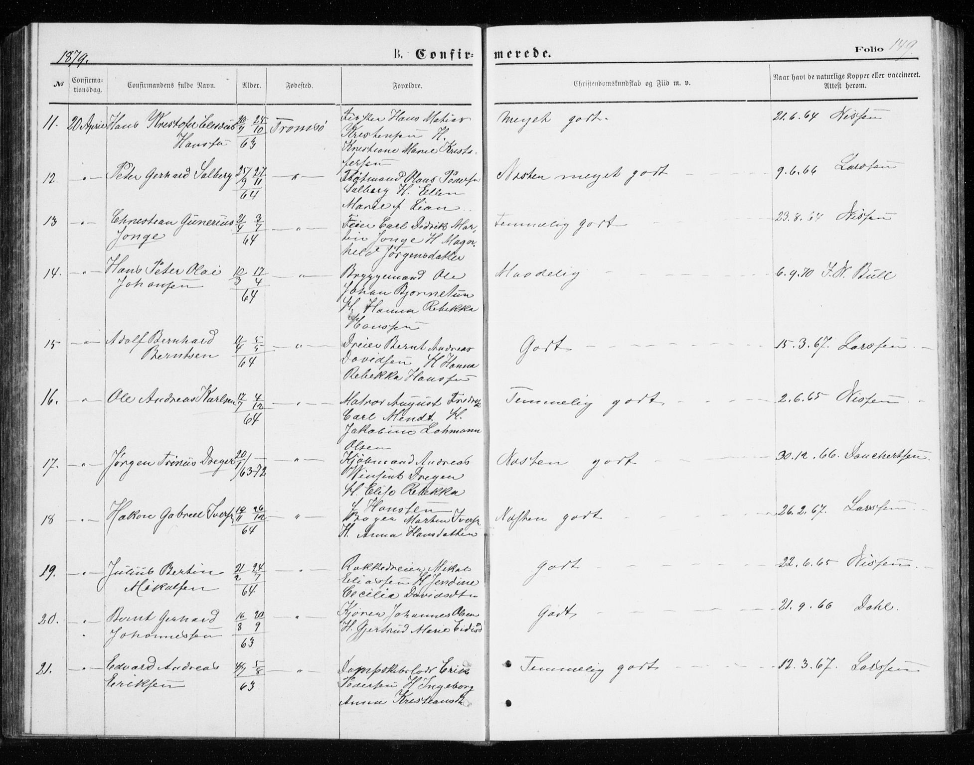 Tromsø sokneprestkontor/stiftsprosti/domprosti, SATØ/S-1343/G/Gb/L0008klokker: Parish register (copy) no. 8, 1875-1879, p. 149