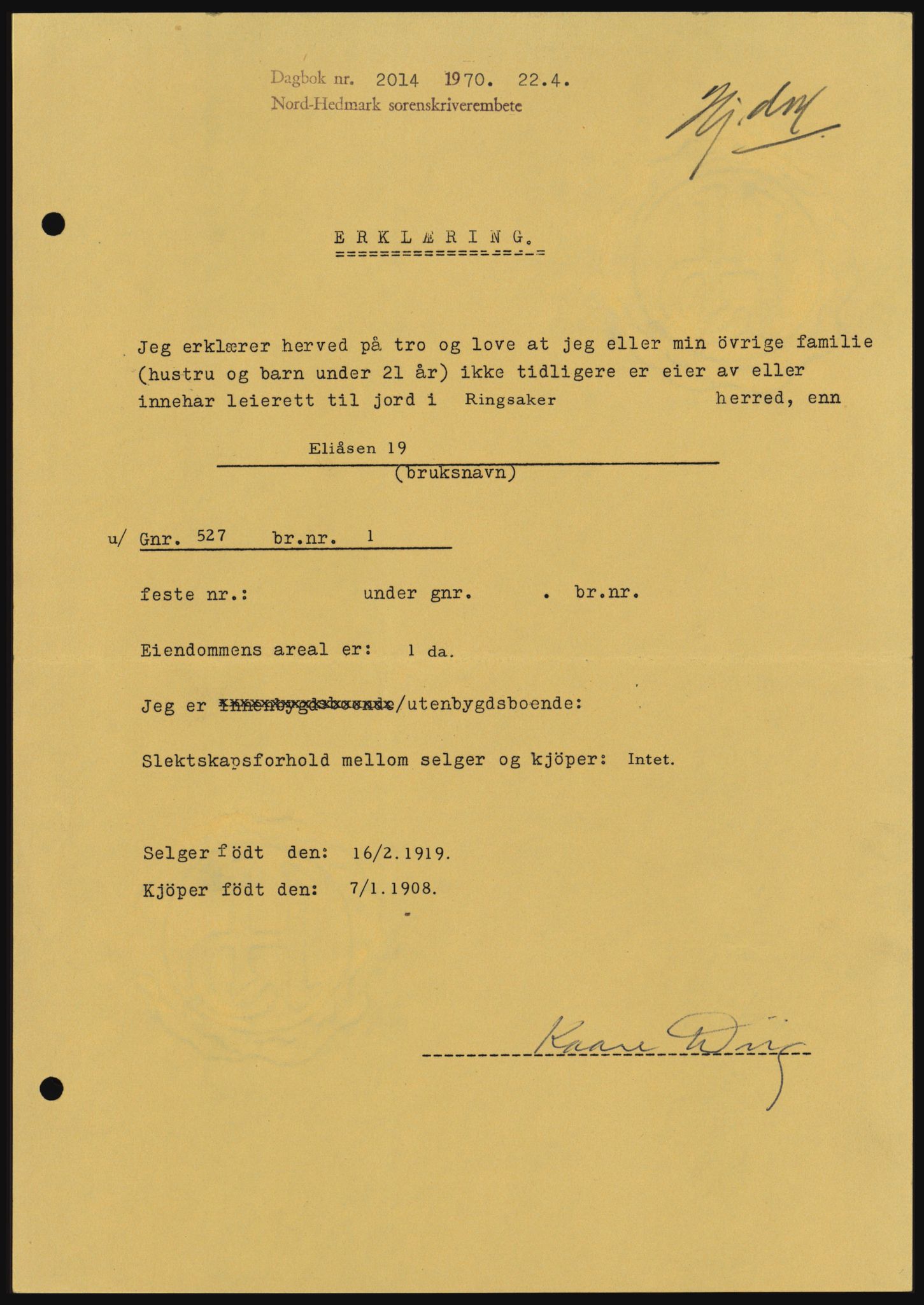 Nord-Hedmark sorenskriveri, SAH/TING-012/H/Hc/L0033: Mortgage book no. 33, 1970-1970, Diary no: : 2014/1970