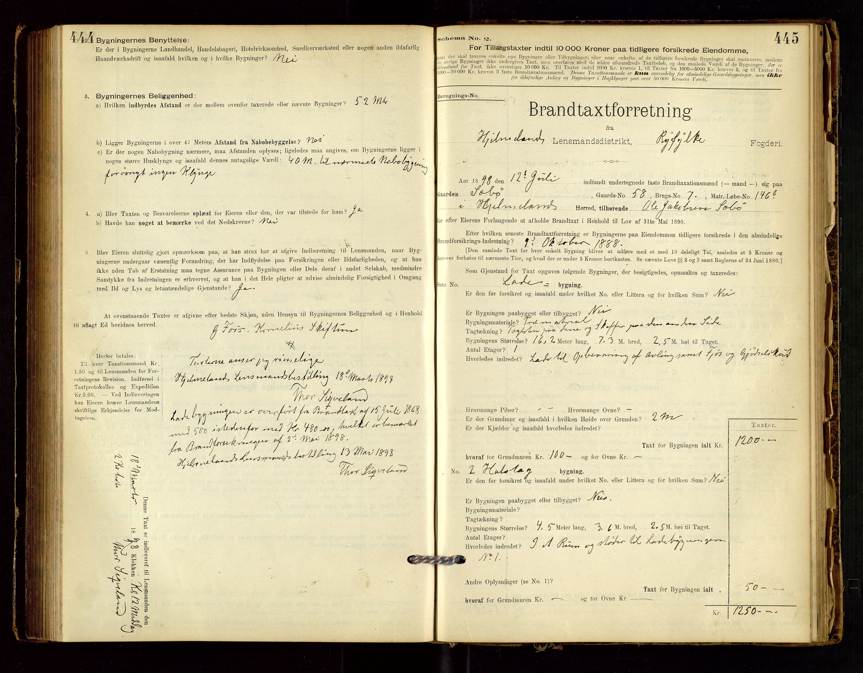 Hjelmeland lensmannskontor, AV/SAST-A-100439/Gob/L0001: "Brandtaxationsprotokol", 1895-1932, p. 444-445