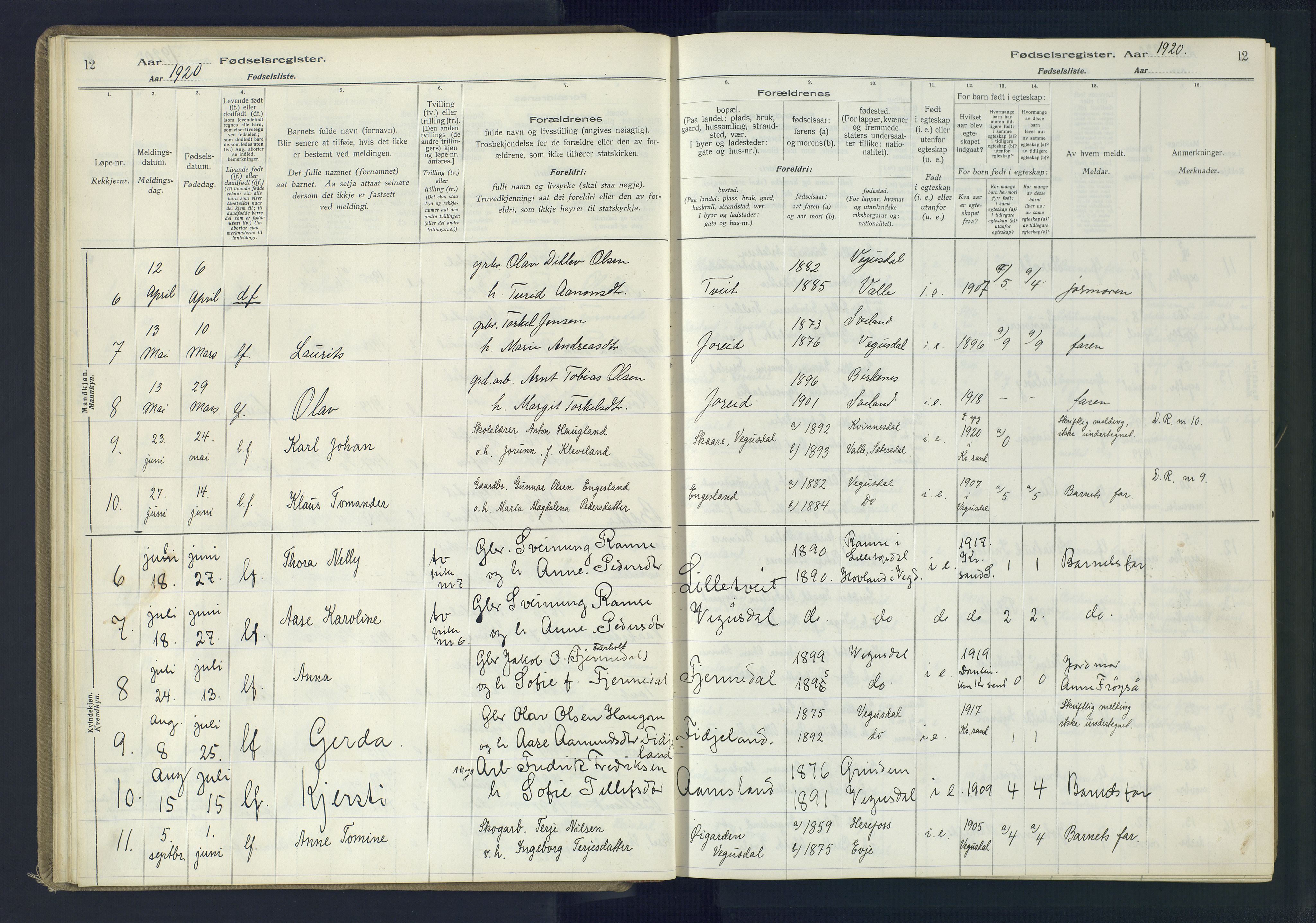 Herefoss sokneprestkontor, AV/SAK-1111-0019/J/Ja/L0002: Birth register no. II.6.11, 1916-1982, p. 12