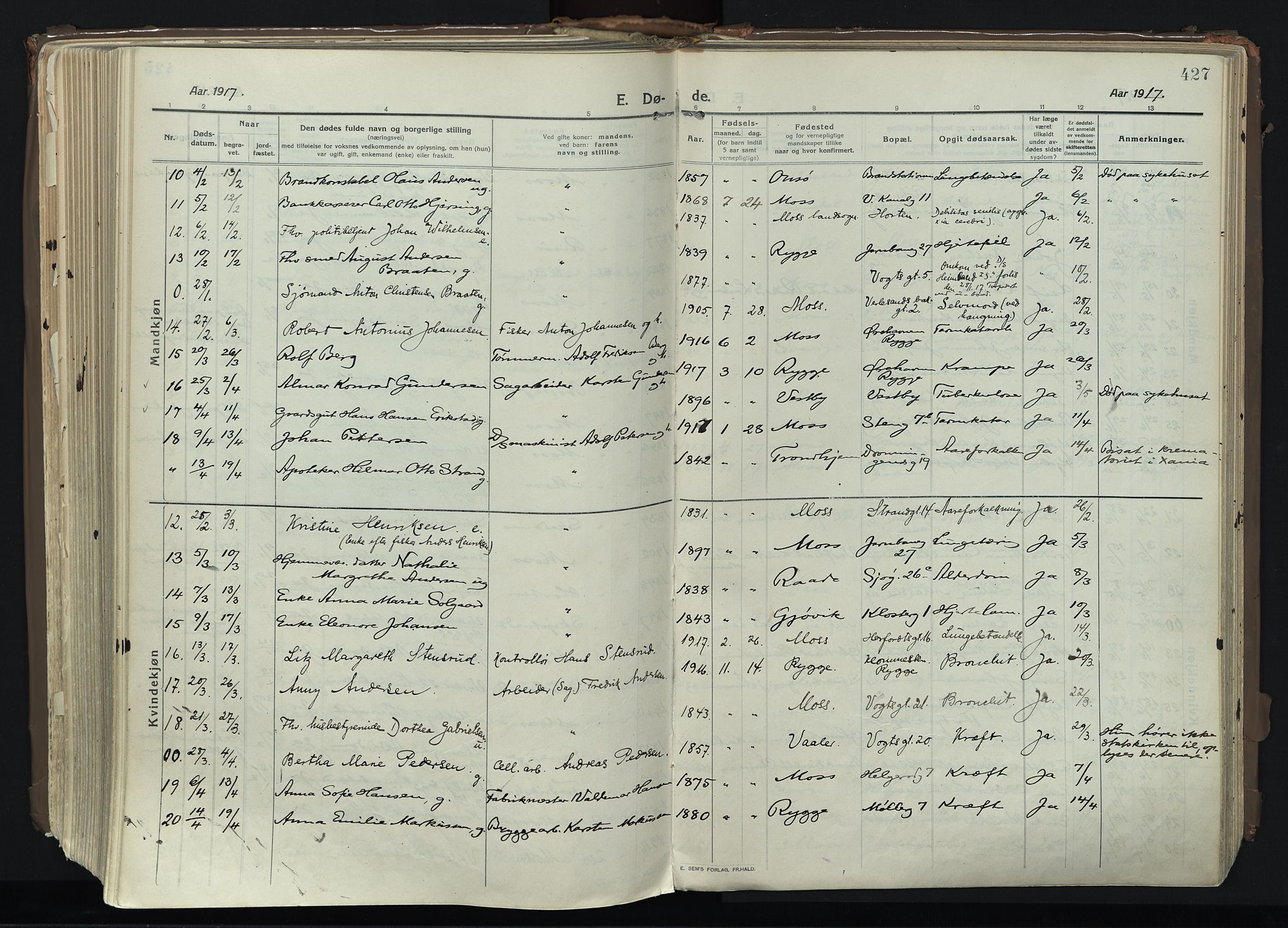 Moss prestekontor Kirkebøker, AV/SAO-A-2003/F/Fb/L0005: Parish register (official) no. II 5, 1913-1923, p. 427
