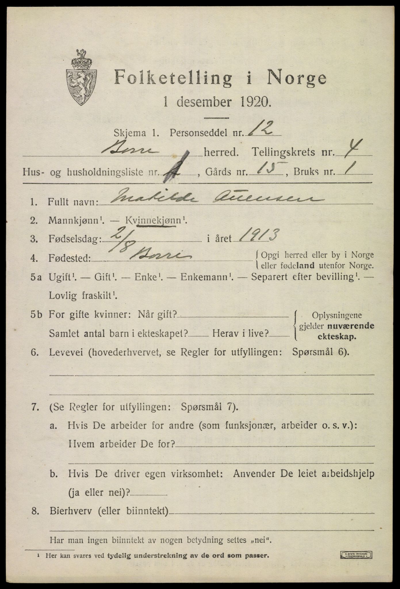 SAKO, 1920 census for Borre, 1920, p. 7156