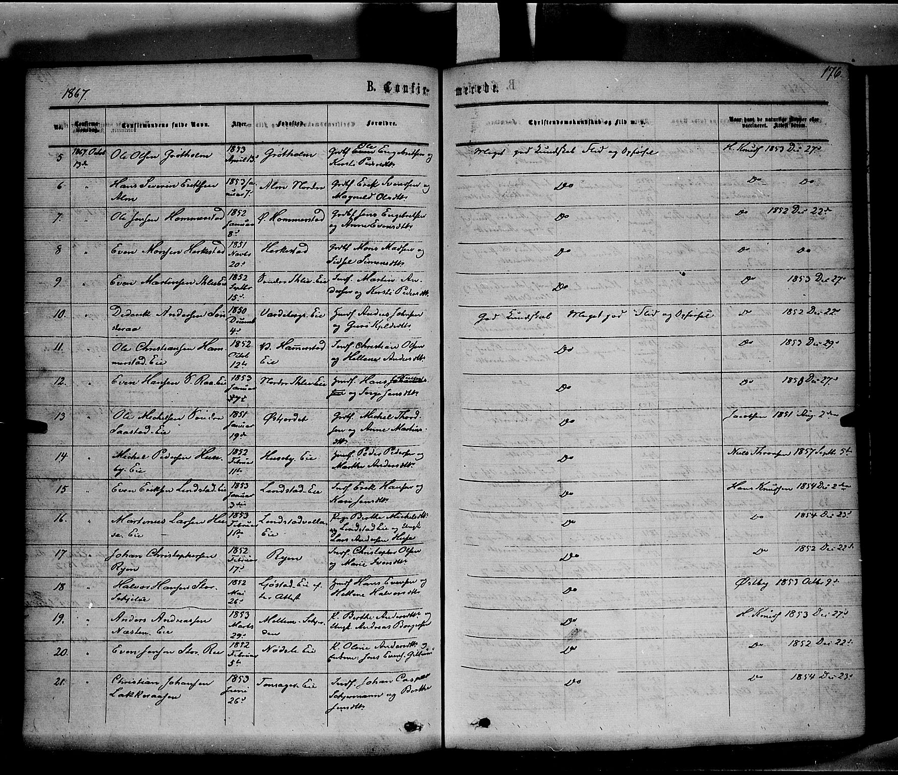 Stange prestekontor, SAH/PREST-002/K/L0013: Parish register (official) no. 13, 1862-1879, p. 176