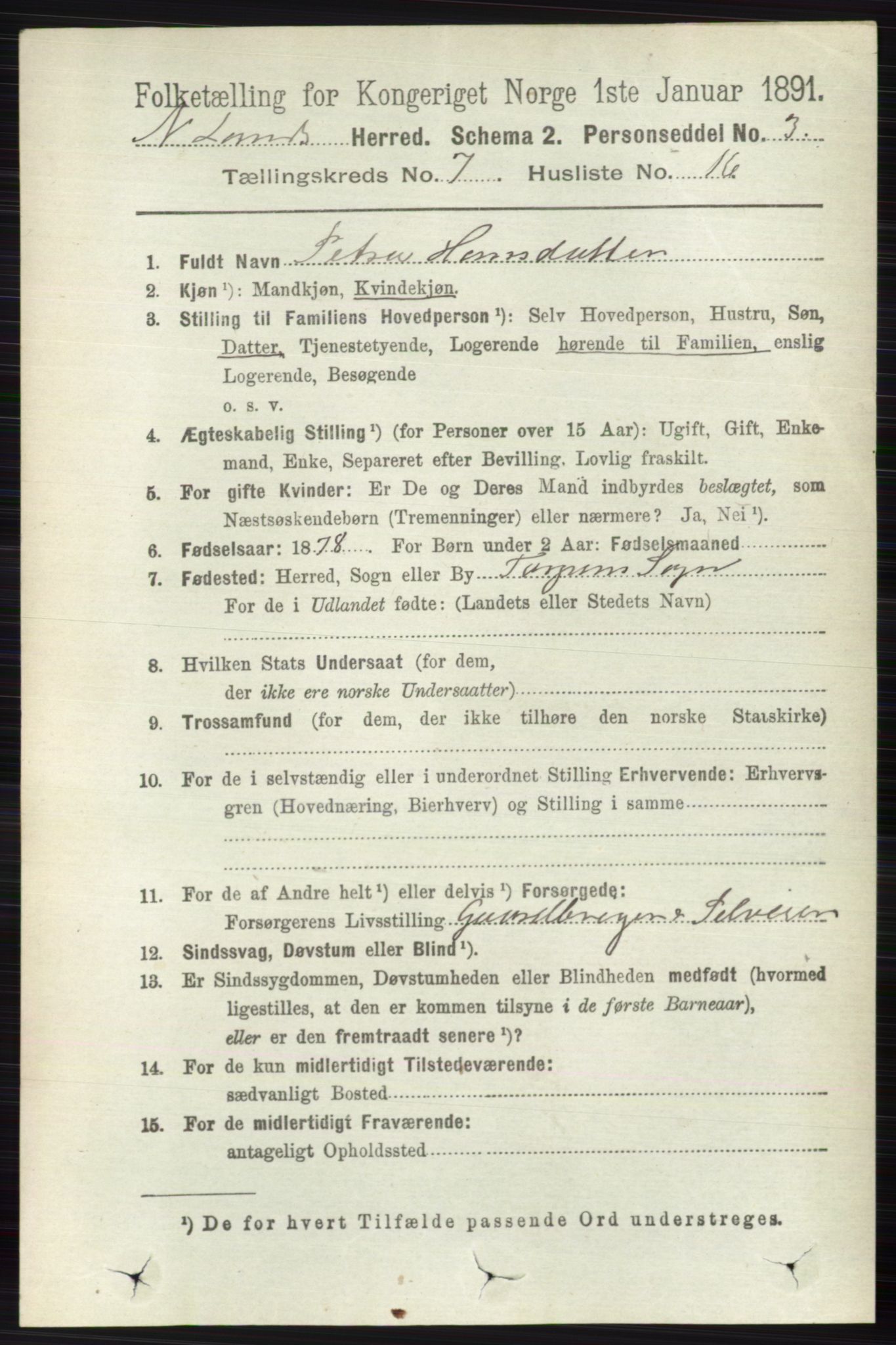 RA, 1891 census for 0538 Nordre Land, 1891, p. 2015