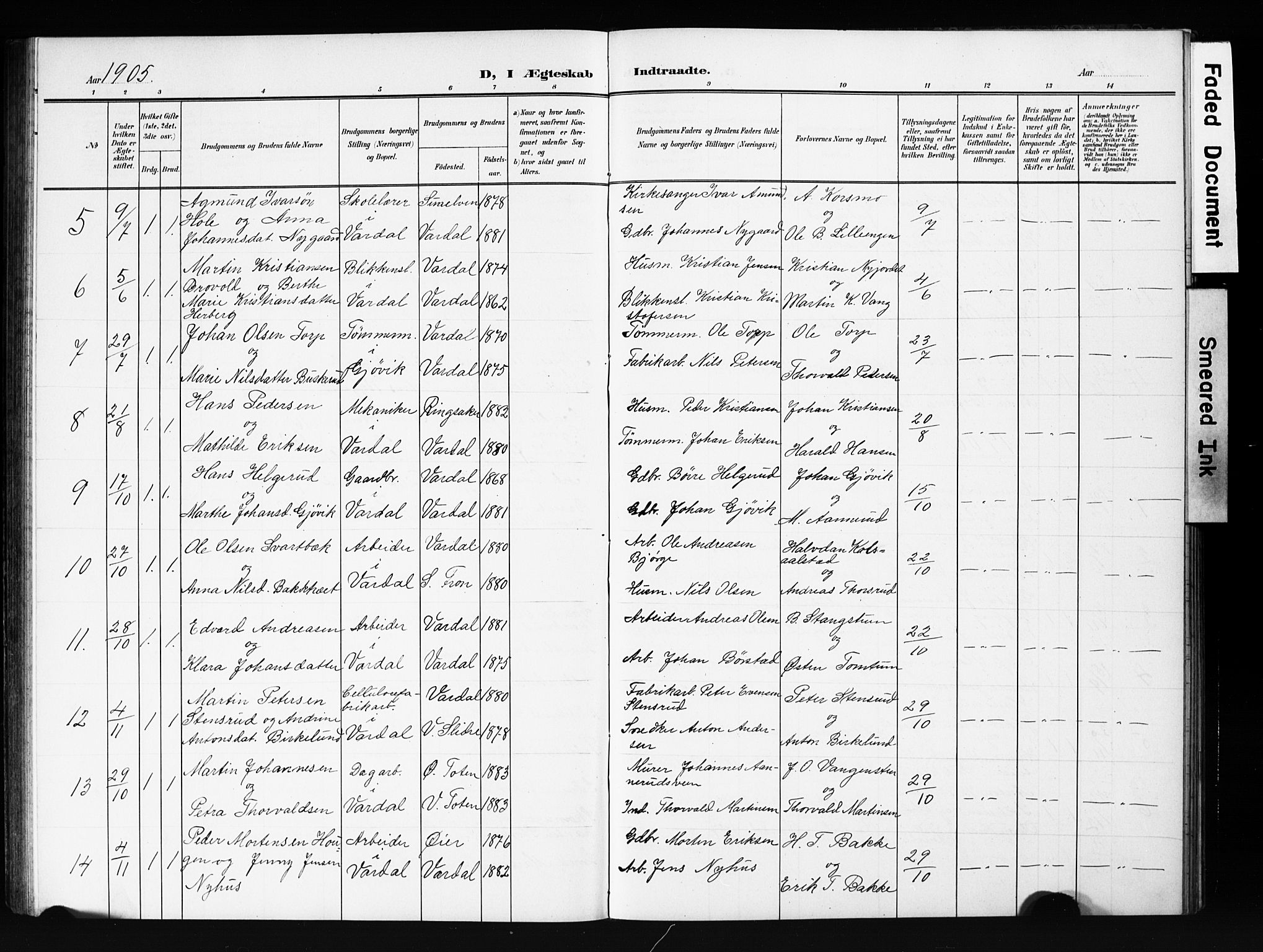 Vardal prestekontor, SAH/PREST-100/H/Ha/Hab/L0013: Parish register (copy) no. 13, 1904-1915