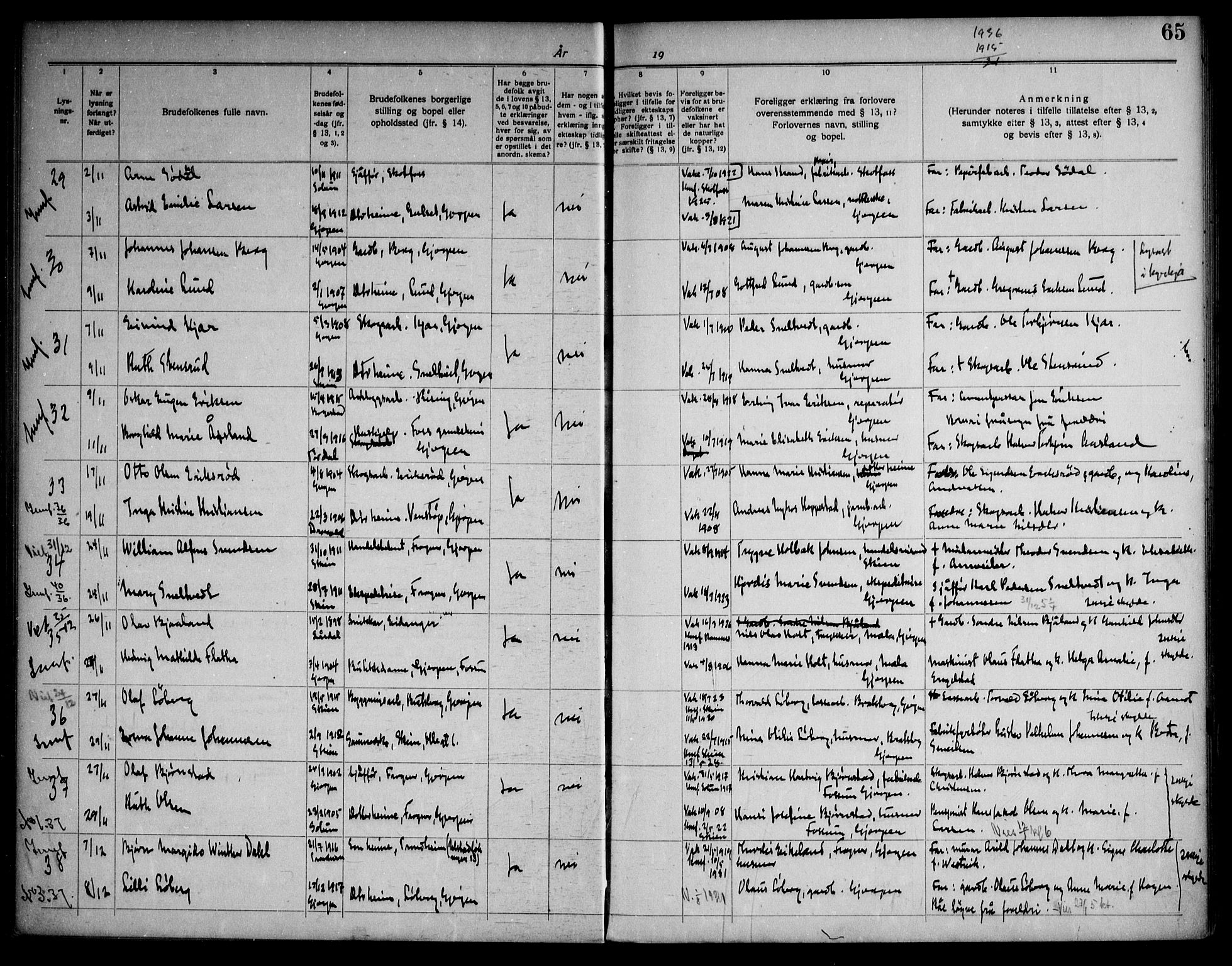 Gjerpen kirkebøker, SAKO/A-265/H/Ha/L0003: Banns register no. I 3, 1919-1946, p. 65
