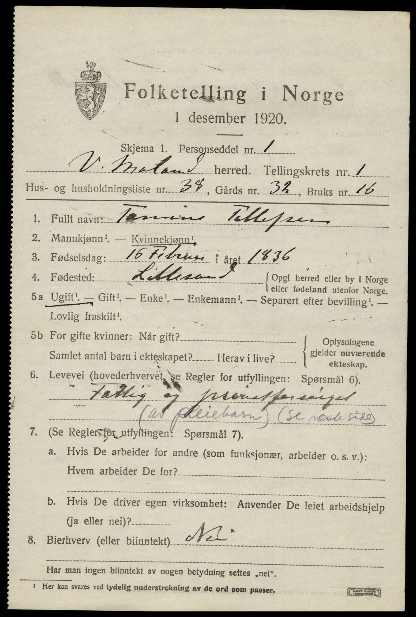 SAK, 1920 census for Vestre Moland, 1920, p. 1407