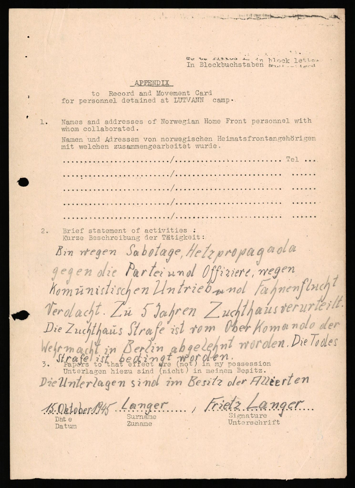 Forsvaret, Forsvarets overkommando II, RA/RAFA-3915/D/Db/L0039: CI Questionaires. Tyske okkupasjonsstyrker i Norge. Østerrikere., 1945-1946, p. 250