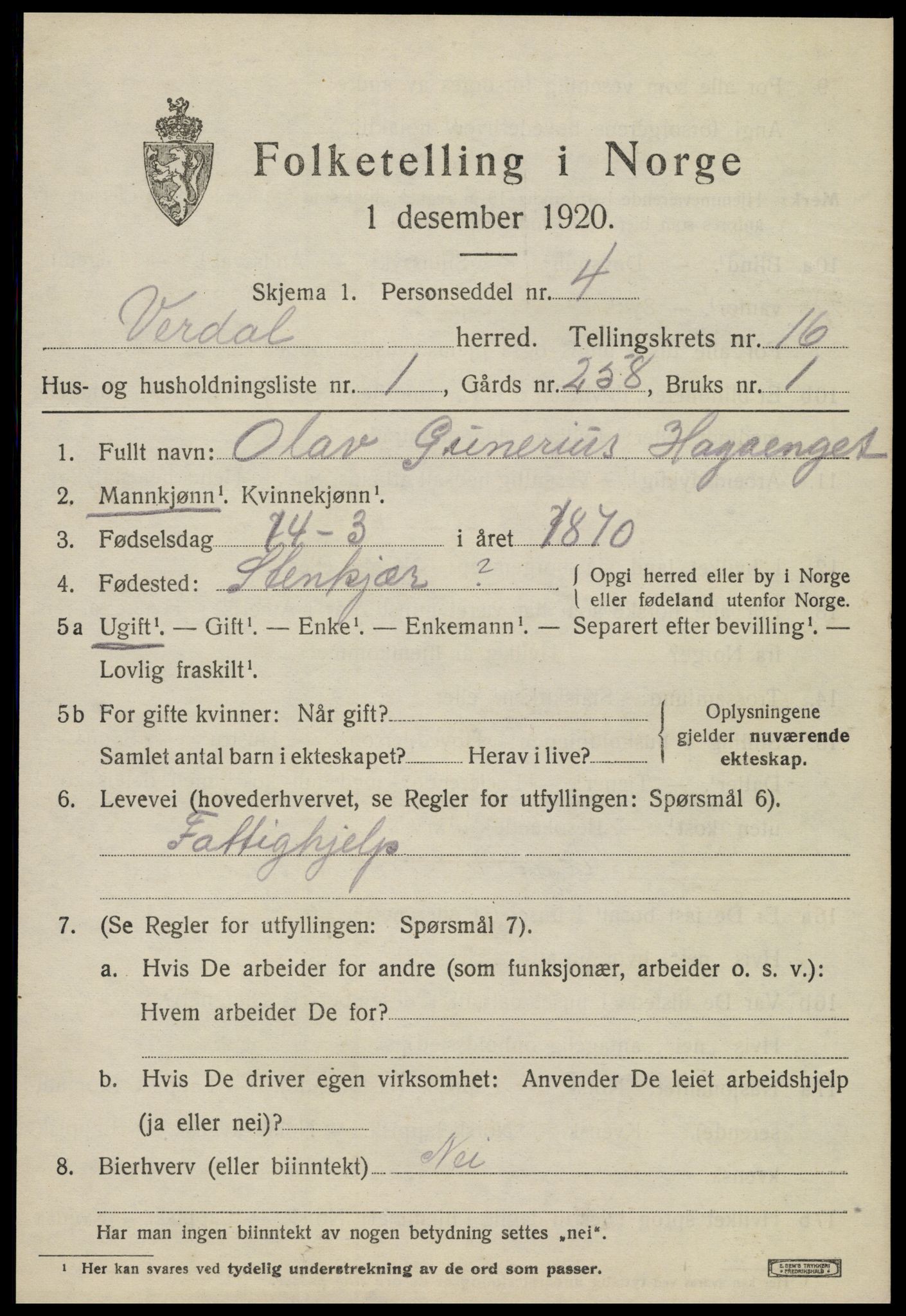 SAT, 1920 census for Verdal, 1920, p. 14837