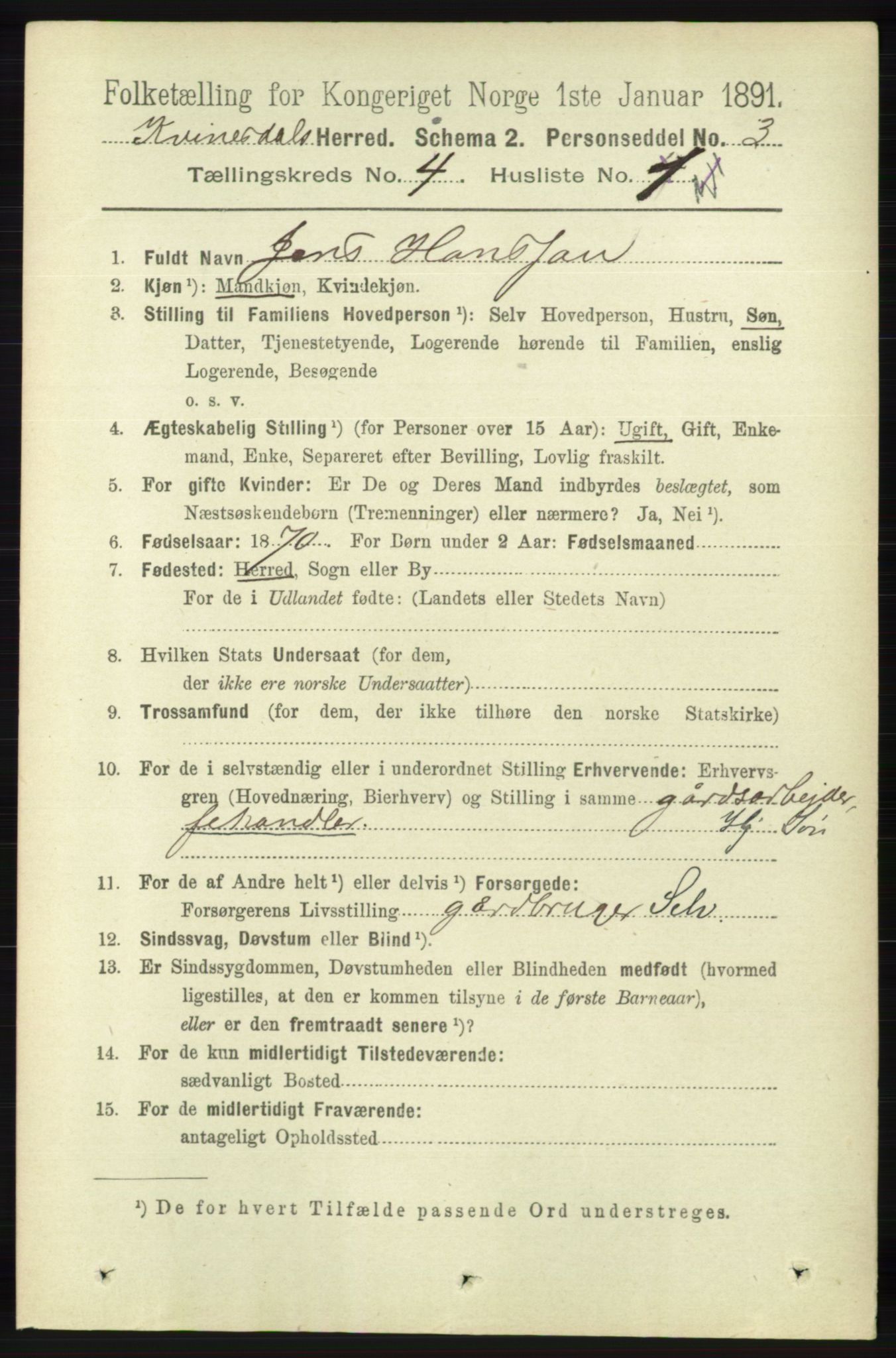 RA, 1891 census for 1037 Kvinesdal, 1891, p. 1434