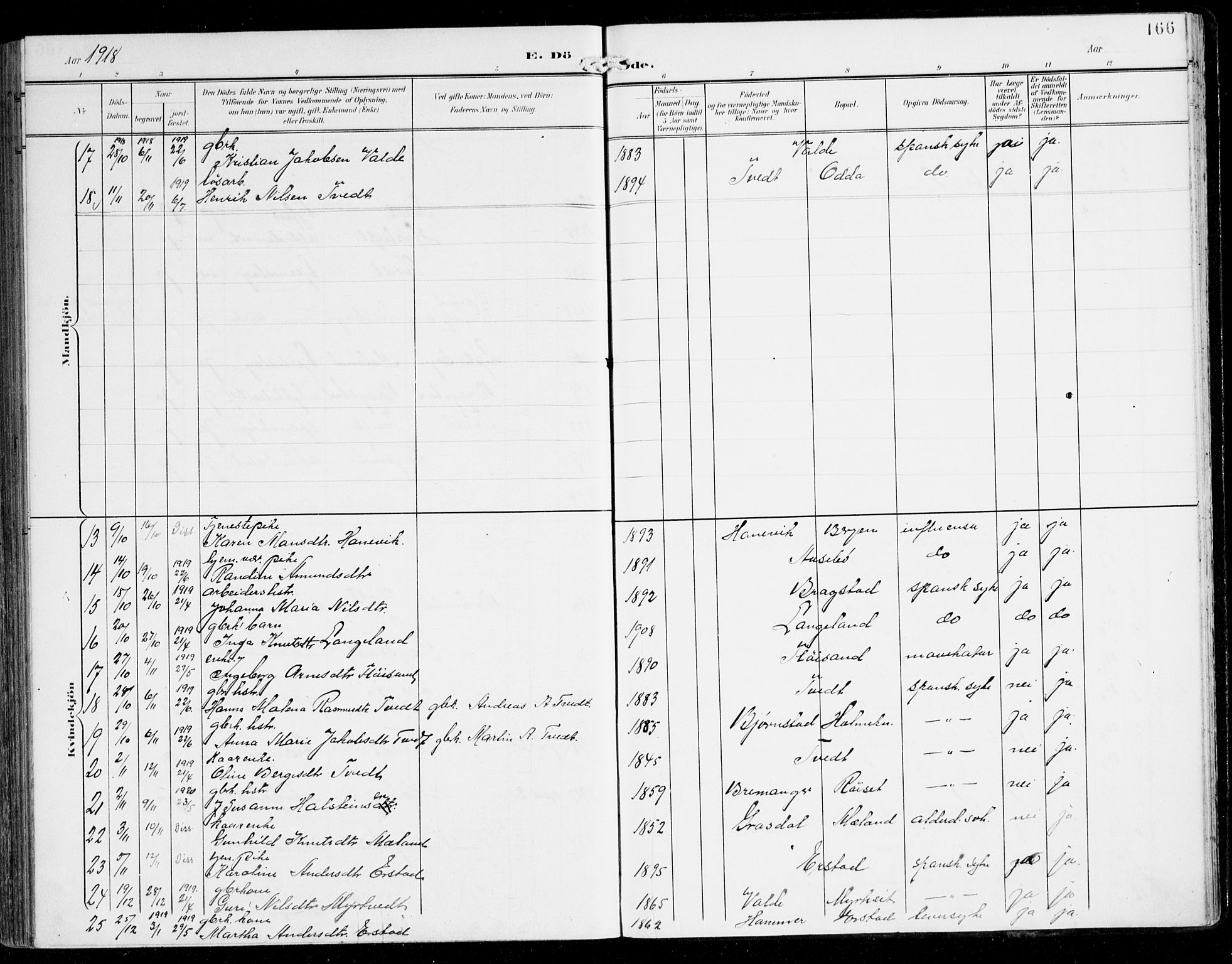 Alversund Sokneprestembete, AV/SAB-A-73901/H/Ha/Haa/Haac/L0002: Parish register (official) no. C 2, 1901-1921, p. 166