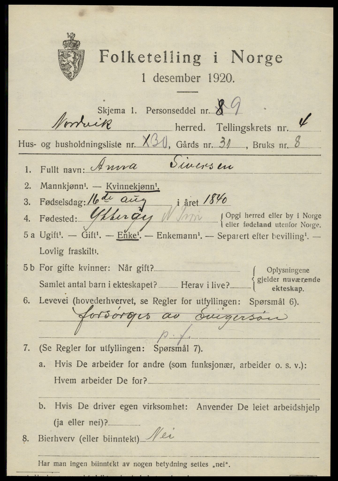 SAT, 1920 census for Nordvik, 1920, p. 1780