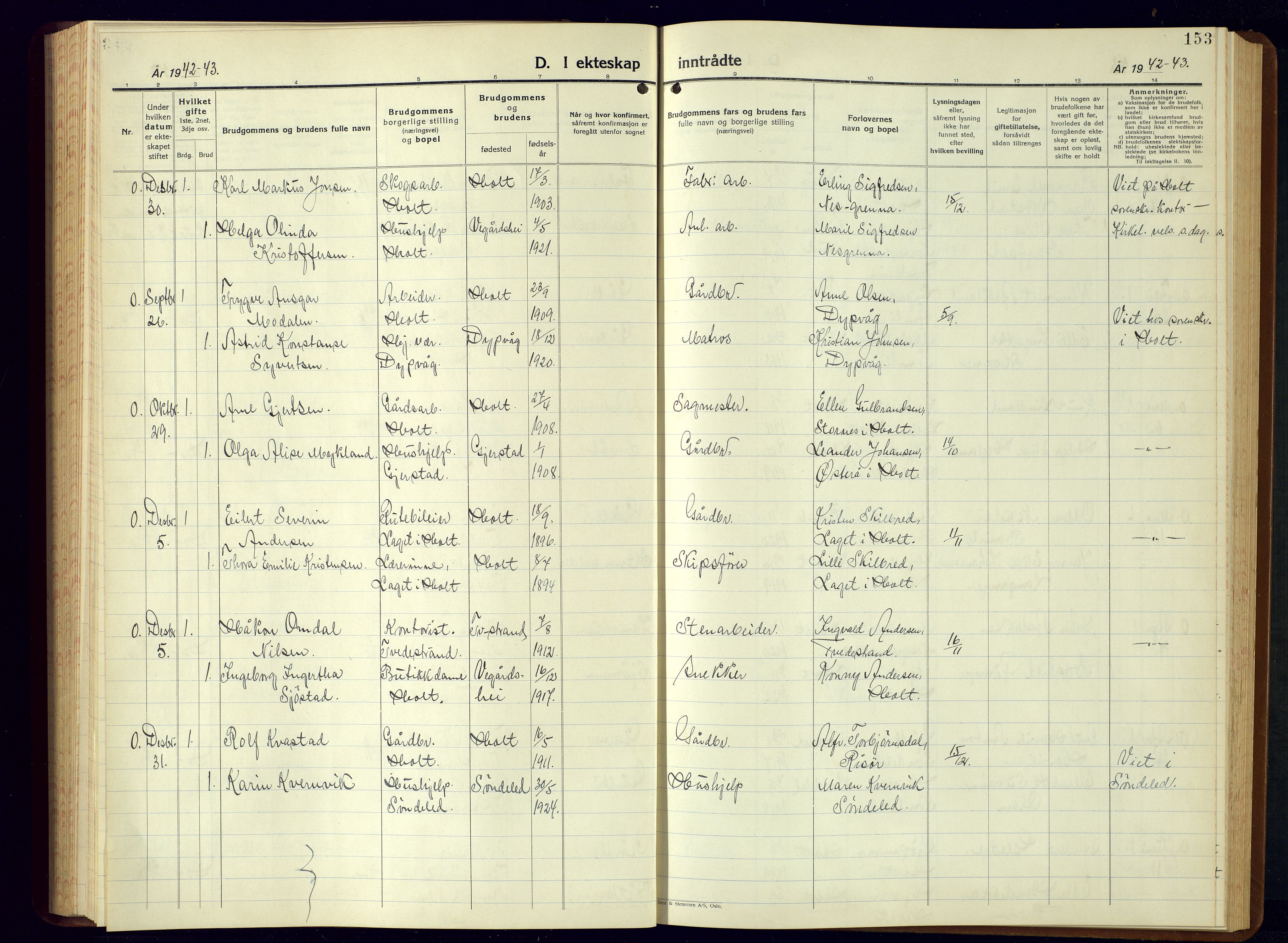 Holt sokneprestkontor, AV/SAK-1111-0021/F/Fb/L0013: Parish register (copy) no. B-13, 1940-1958, p. 153