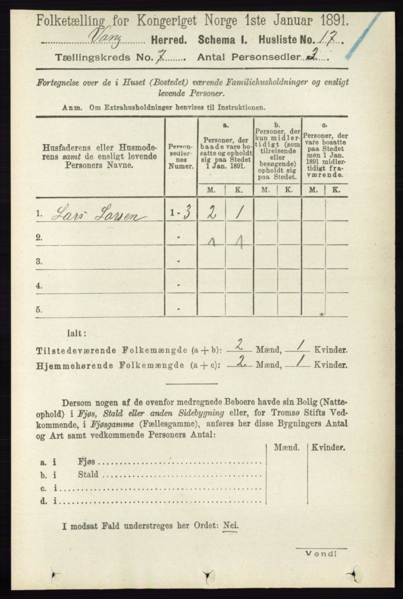 RA, 1891 census for 0414 Vang, 1891, p. 4936