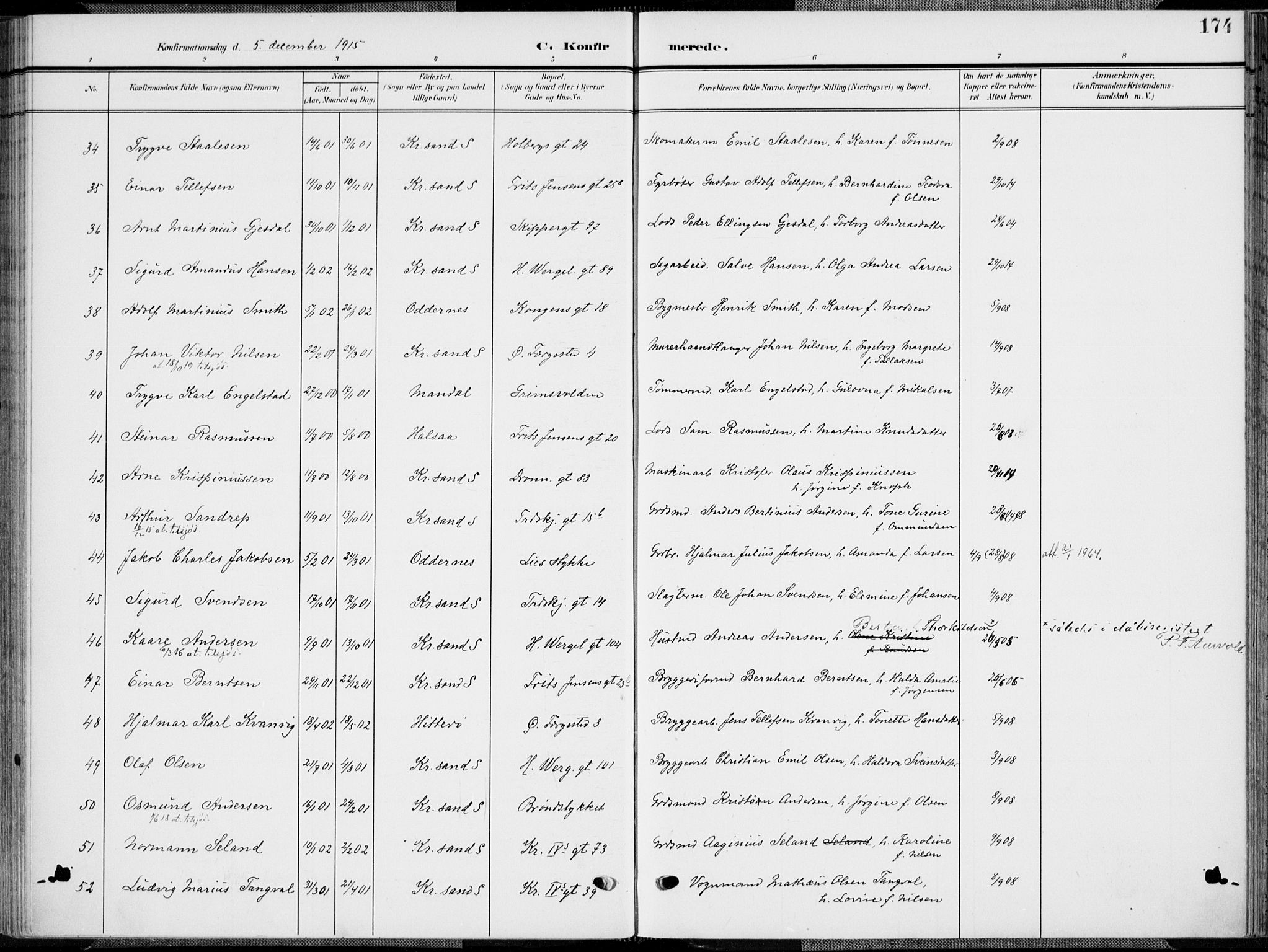 Kristiansand domprosti, SAK/1112-0006/F/Fa/L0022: Parish register (official) no. A 21, 1905-1916, p. 174