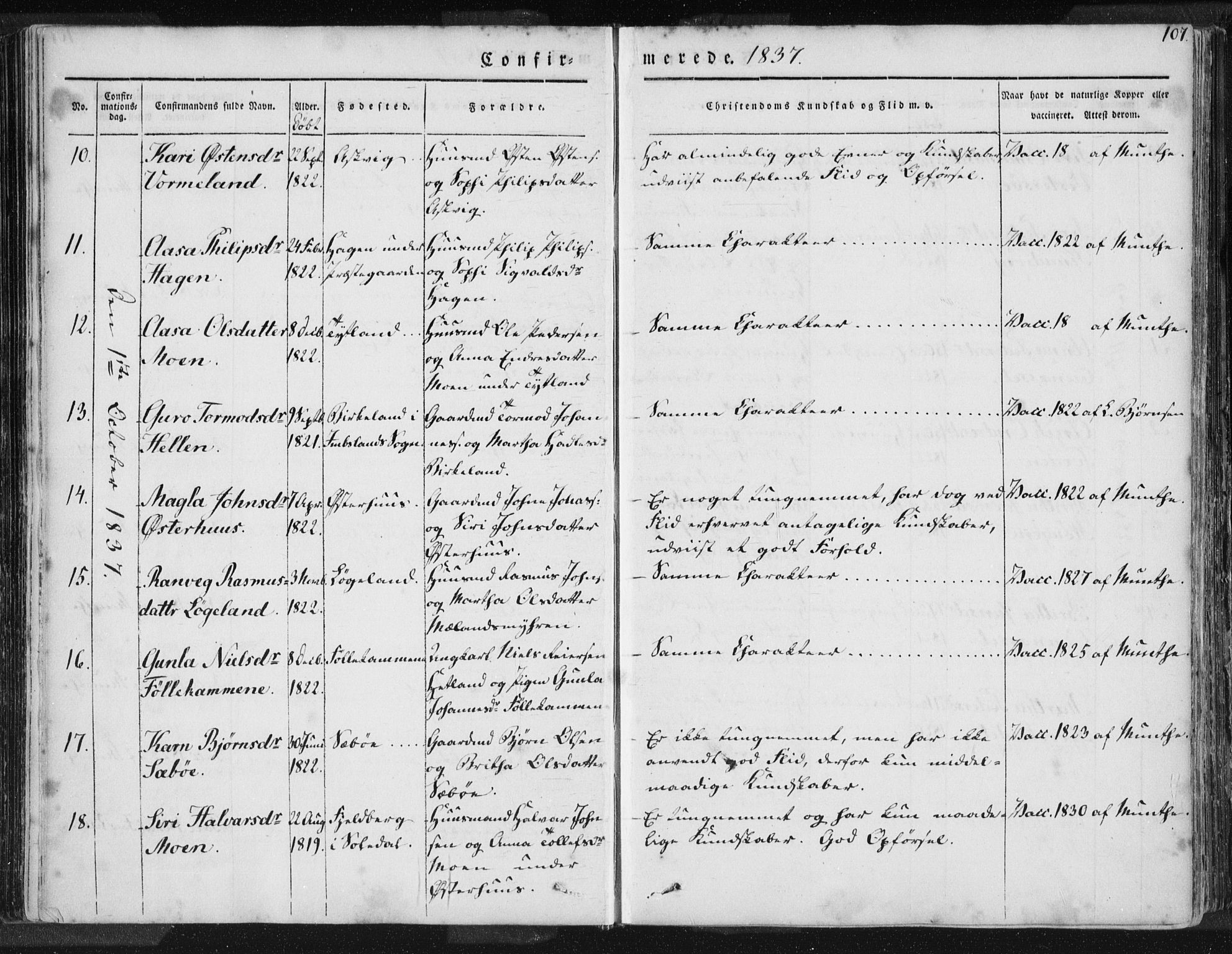 Hjelmeland sokneprestkontor, AV/SAST-A-101843/01/IV/L0006: Parish register (official) no. A 6, 1834-1845, p. 107