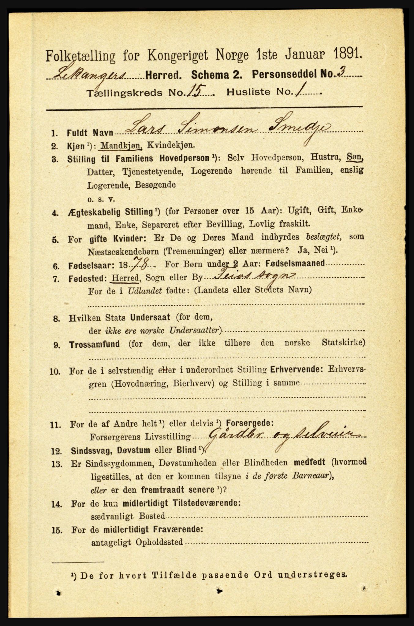 RA, 1891 census for 1419 Leikanger, 1891, p. 2845