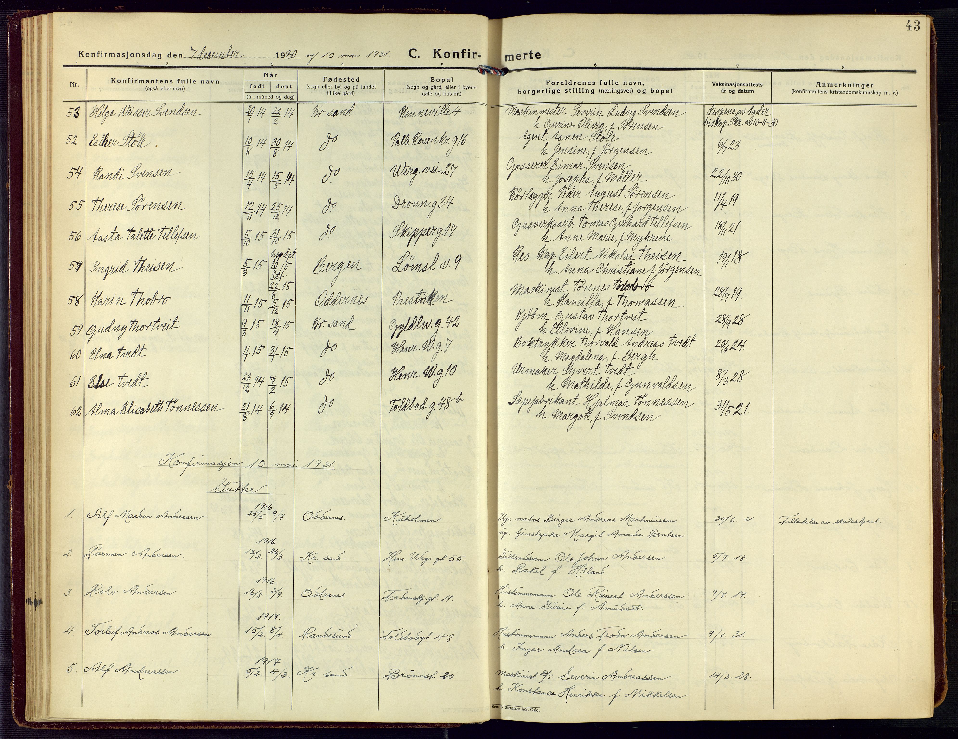 Kristiansand domprosti, AV/SAK-1112-0006/F/Fa/L0027: Parish register (official) no. A 26, 1928-1940, p. 43