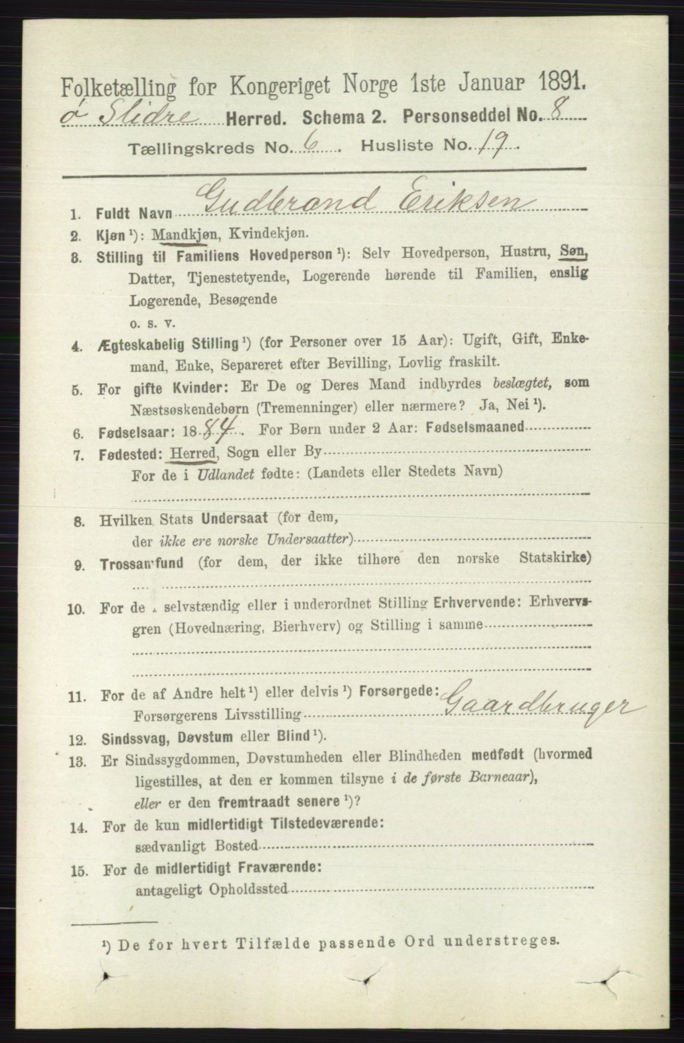 RA, 1891 census for 0544 Øystre Slidre, 1891, p. 1901