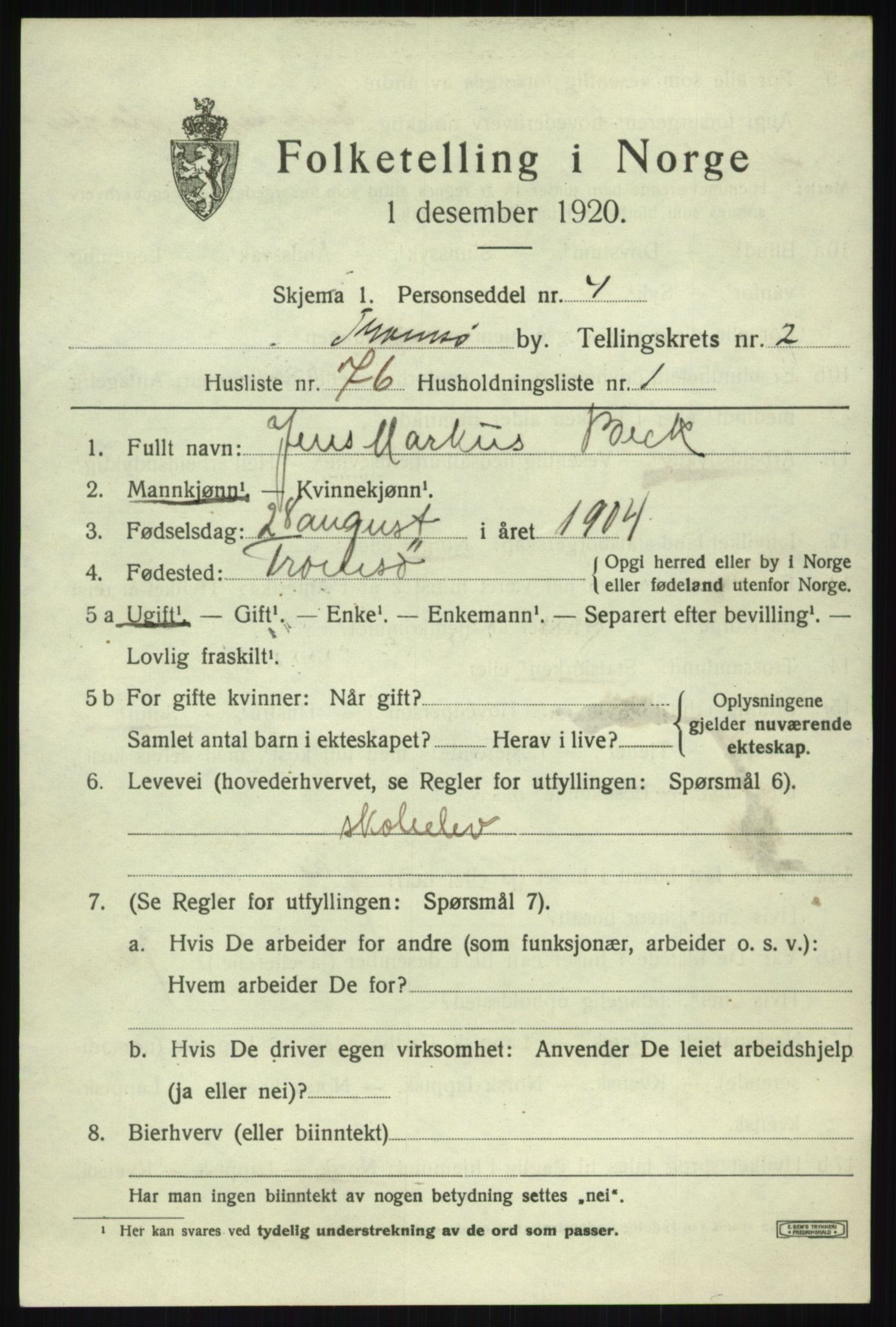 SATØ, 1920 census for Tromsø, 1920, p. 10025