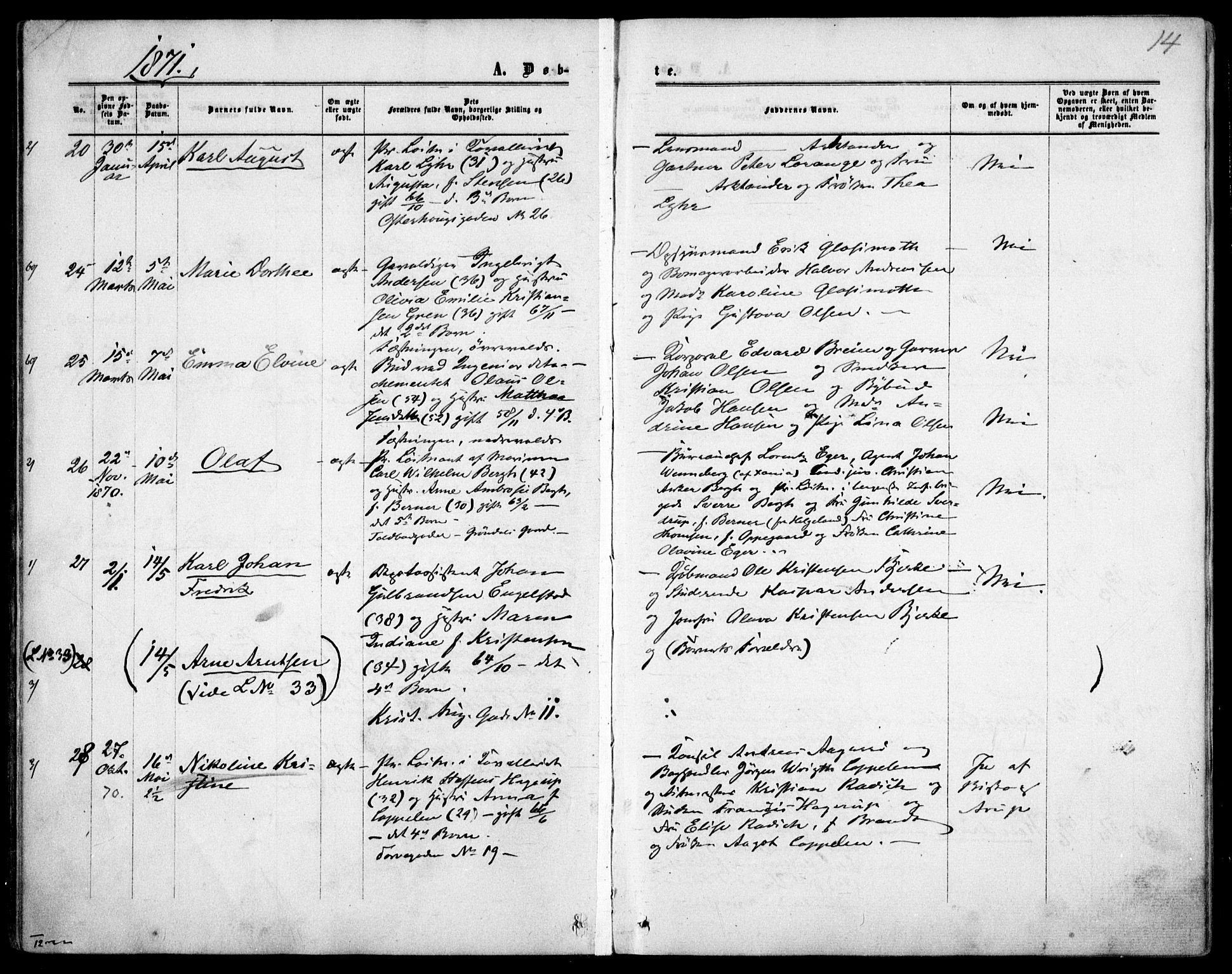 Garnisonsmenigheten Kirkebøker, SAO/A-10846/F/Fa/L0011: Parish register (official) no. 11, 1870-1880, p. 14