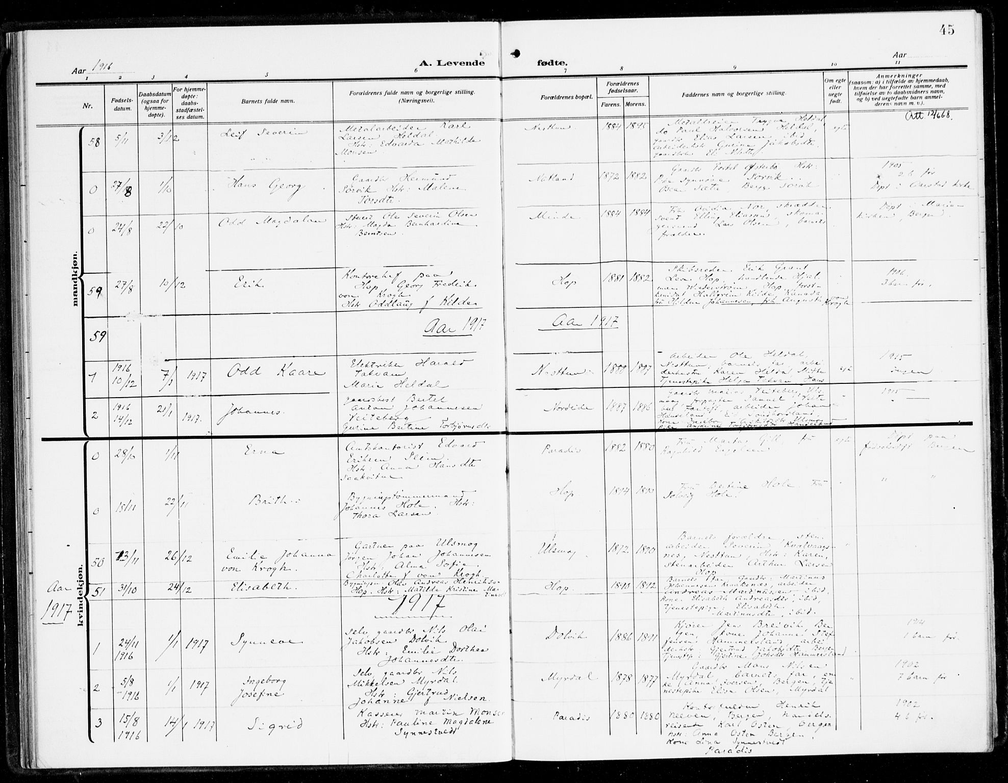 Fana Sokneprestembete, AV/SAB-A-75101/H/Haa/Haai/L0004: Parish register (official) no. I 4, 1912-1933, p. 45