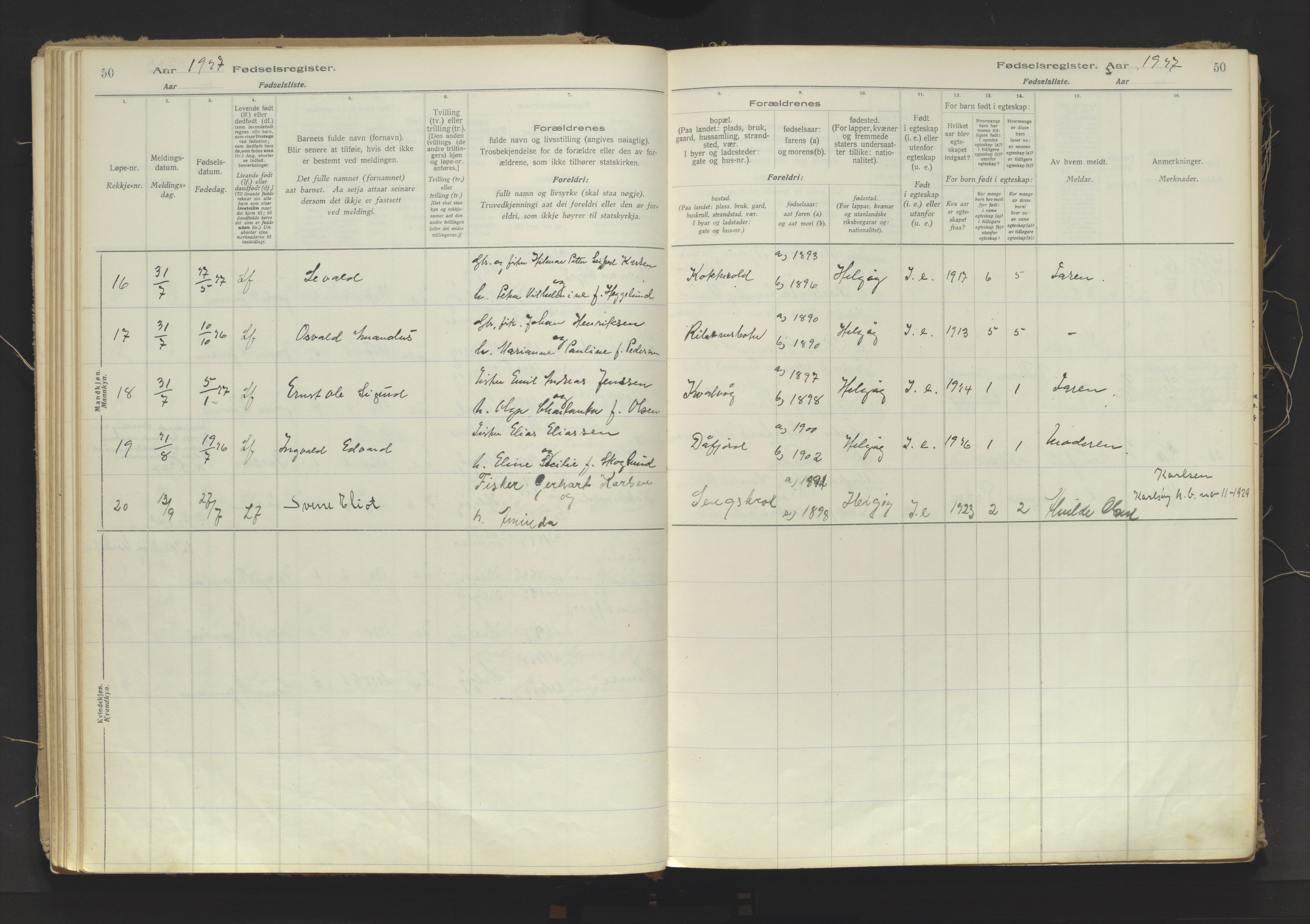 Karlsøy sokneprestembete, AV/SATØ-S-1299/I/Ic/L0067: Birth register no. 67, 1916-1958, p. 50