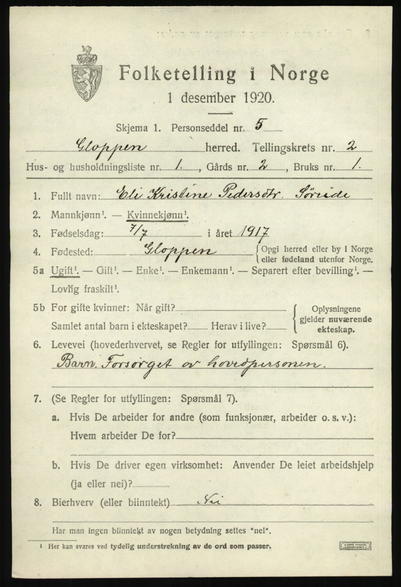 SAB, 1920 census for Gloppen, 1920, p. 1240