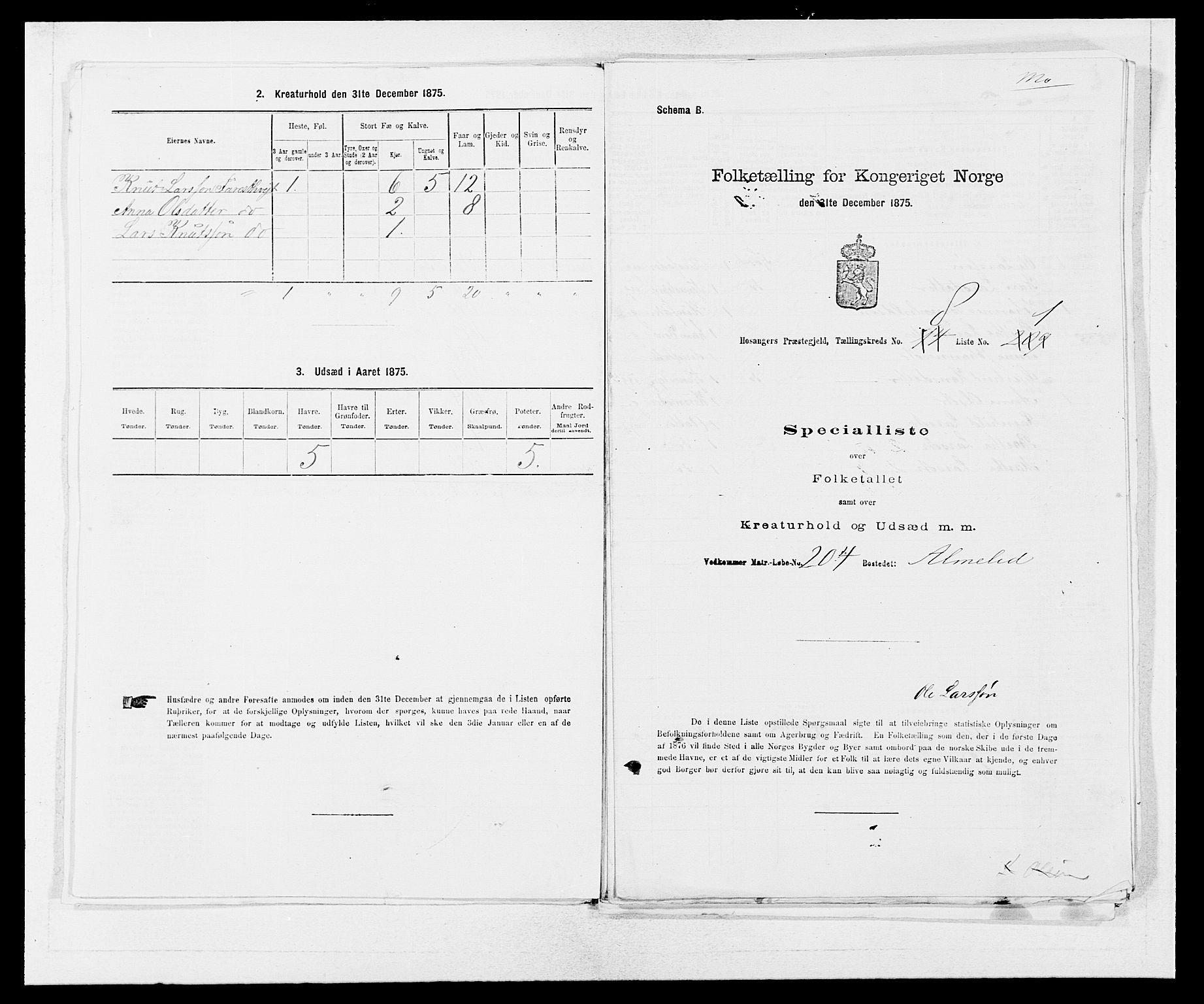 SAB, 1875 census for 1253P Hosanger, 1875, p. 615