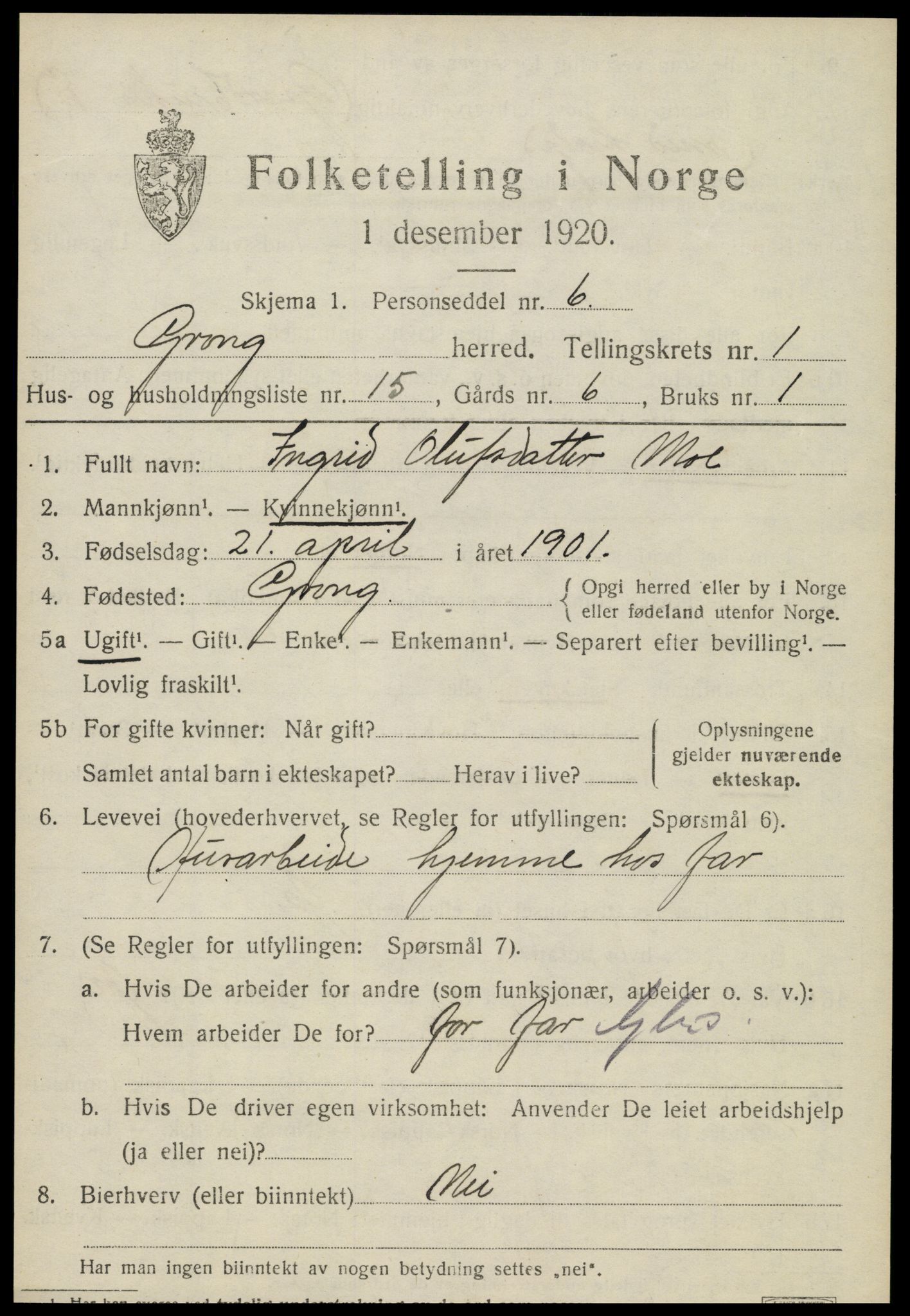 SAT, 1920 census for Grong, 1920, p. 1211