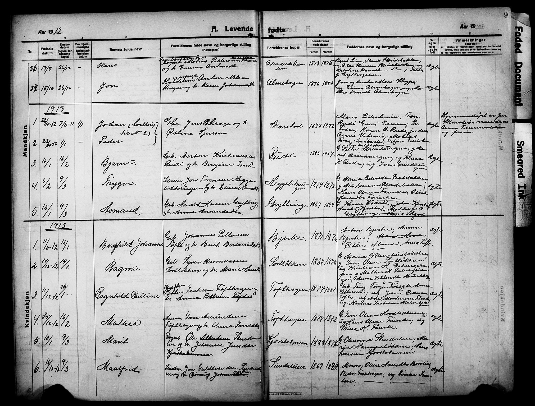 Sør-Fron prestekontor, AV/SAH-PREST-010/H/Ha/Hab/L0005: Parish register (copy) no. 5, 1912-1930, p. 9